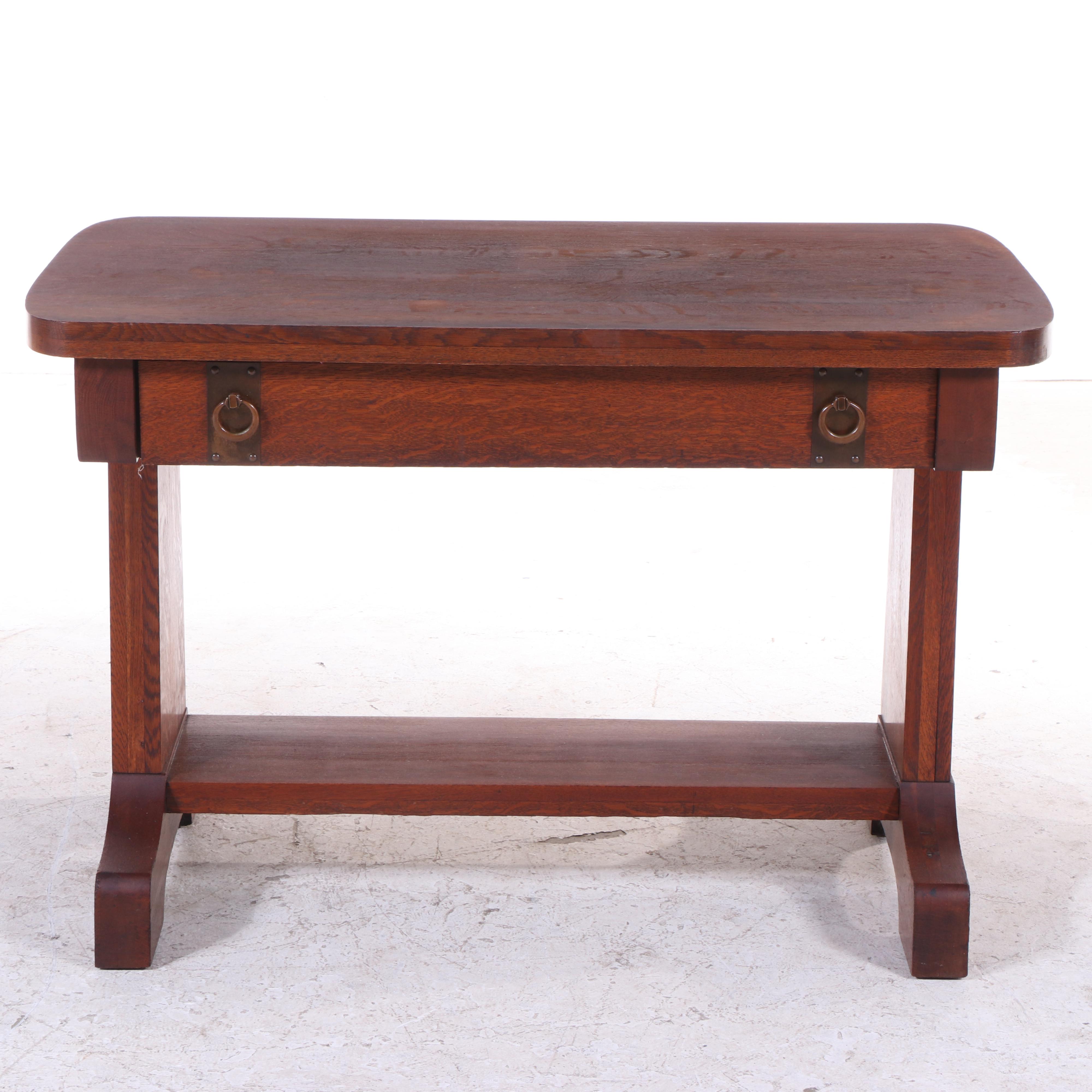 Arts and Crafts Oak Library Table with Drawer, Early 20th Century