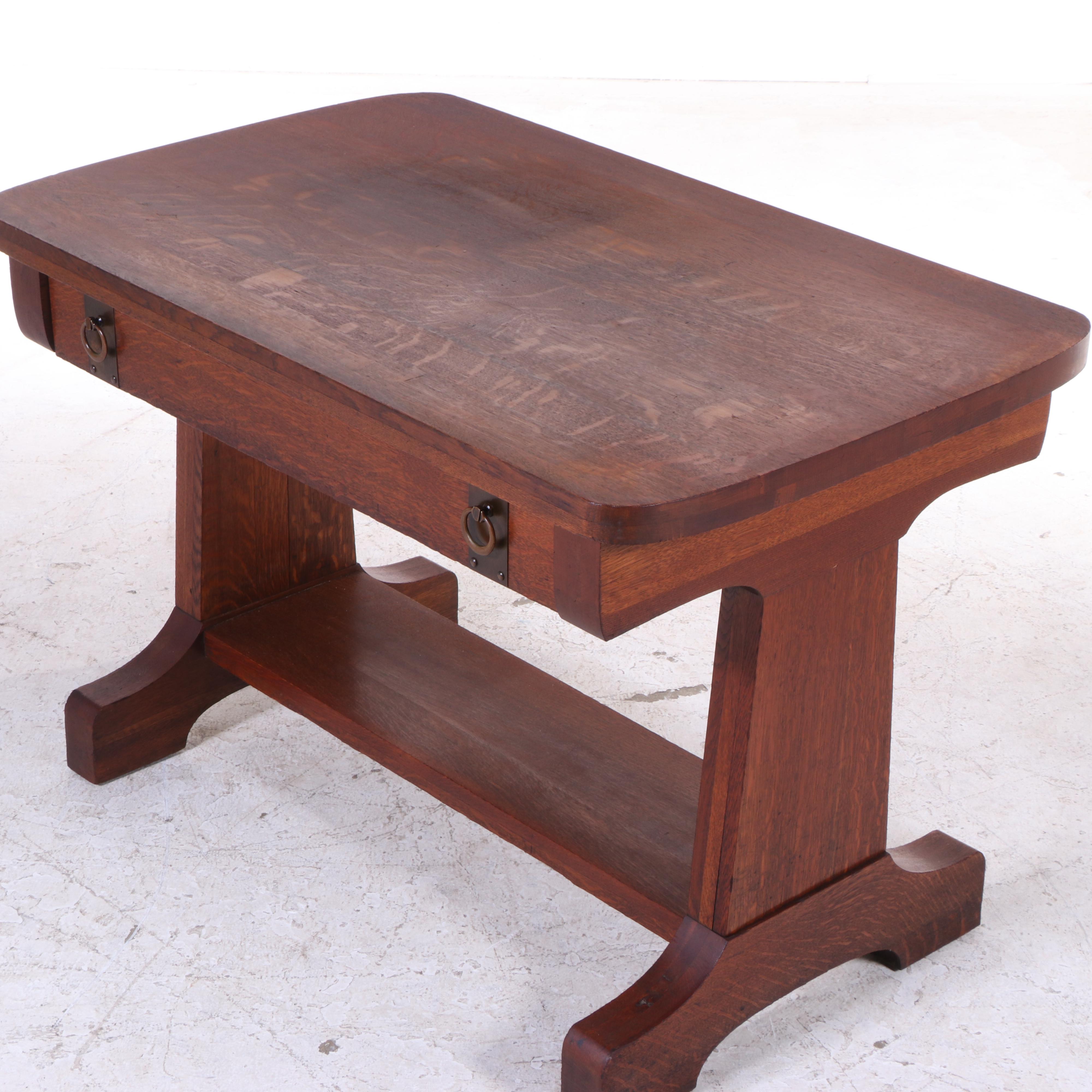 Arts and Crafts Oak Library Table with Drawer, Early 20th Century