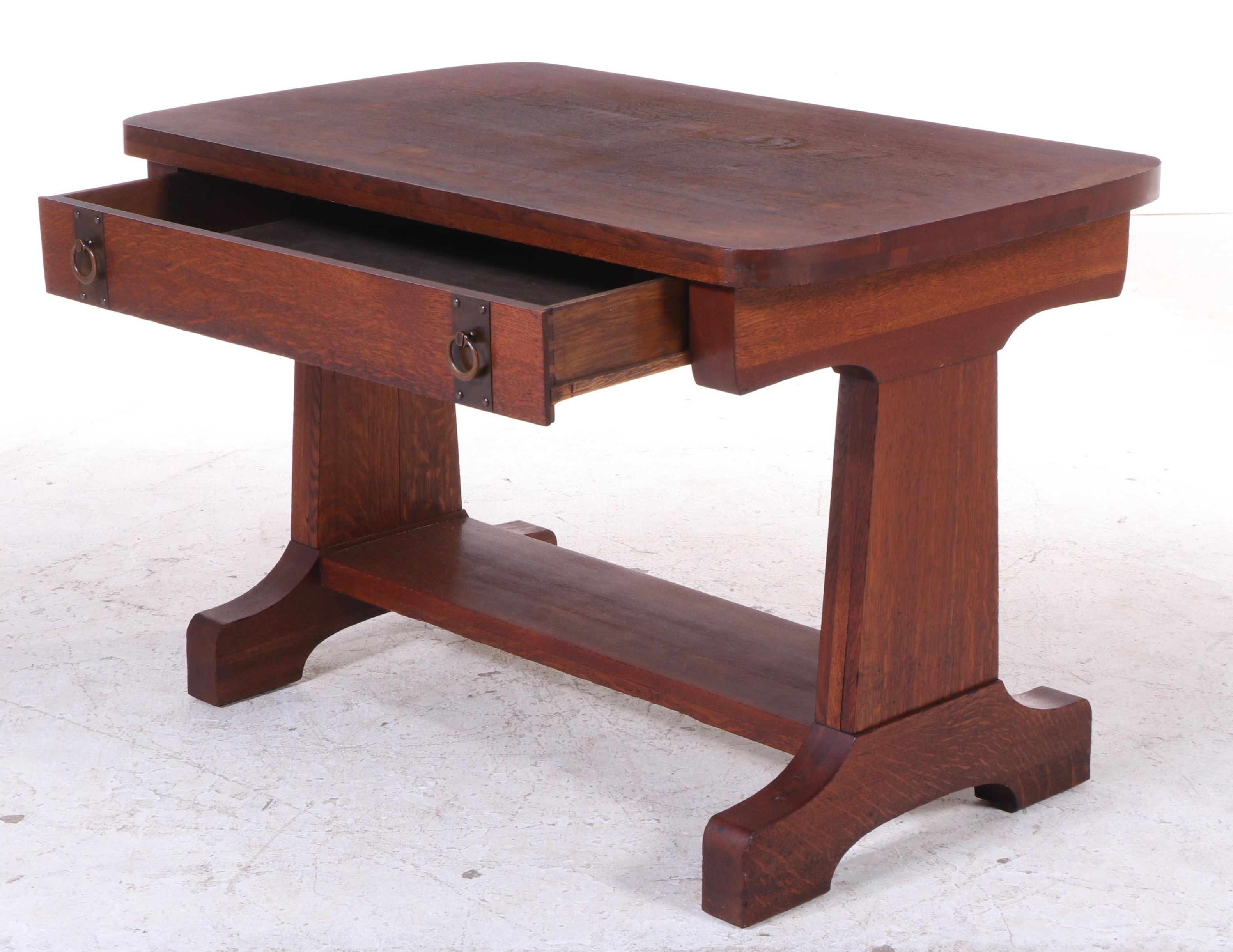 Arts and Crafts Oak Library Table with Drawer, Early 20th Century