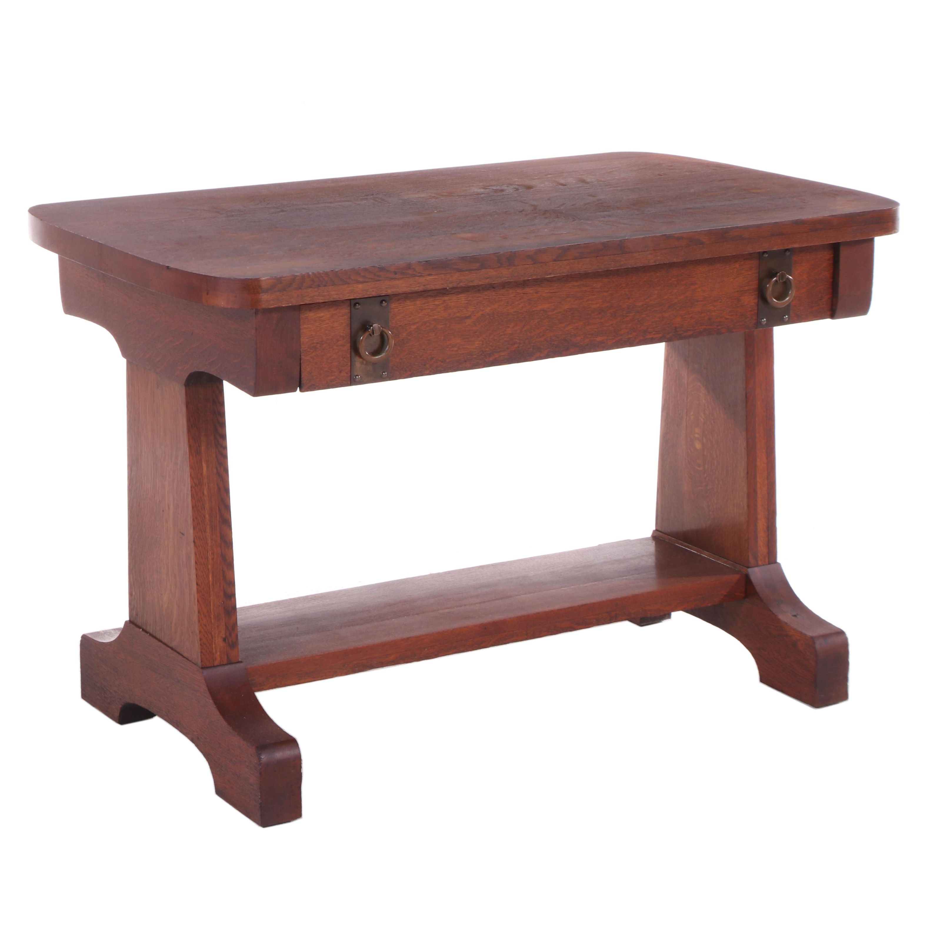 Arts and Crafts Oak Library Table with Drawer, Early 20th Century