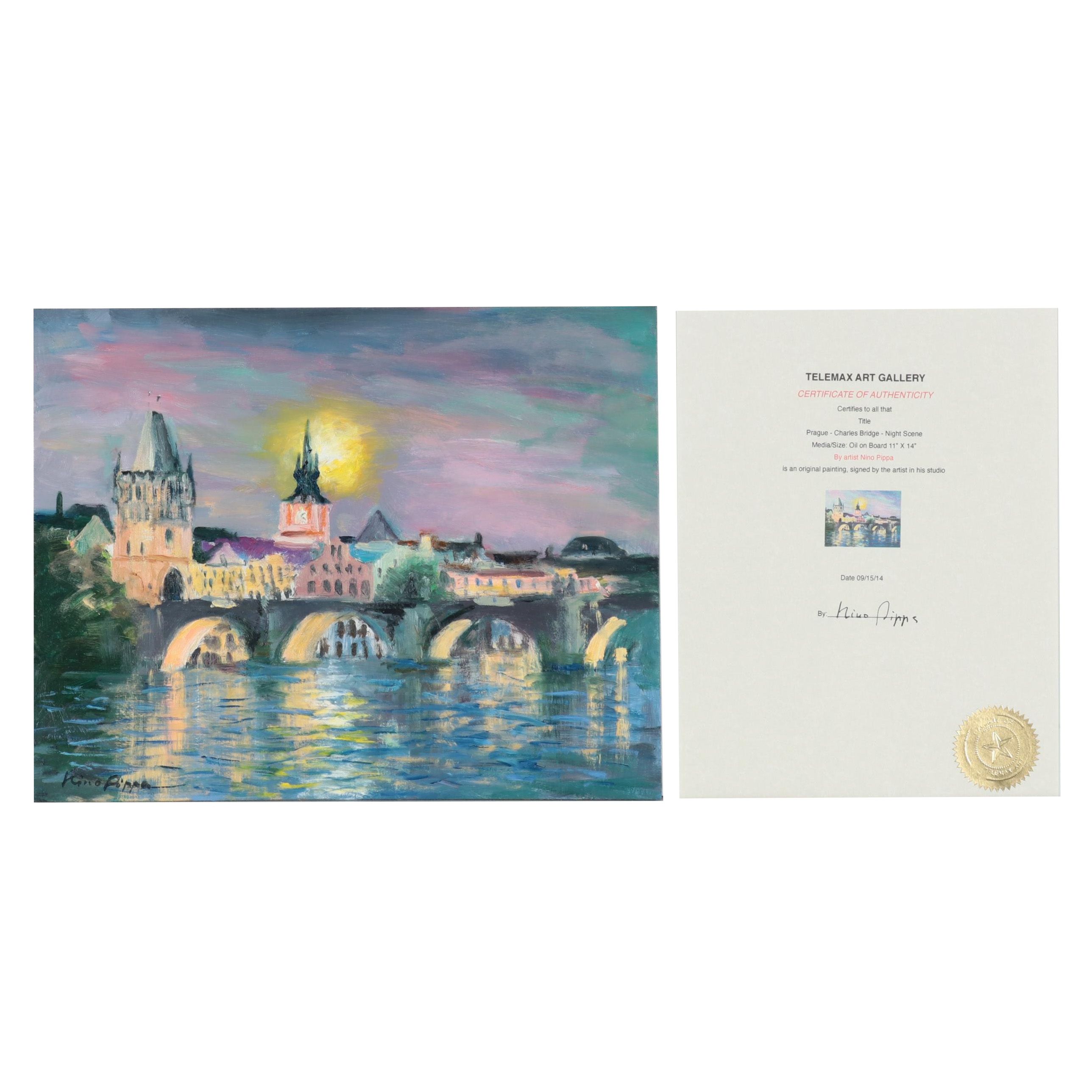 Nino Pippa Oil Painting "Prague - Charles Bridge - Night Scene"