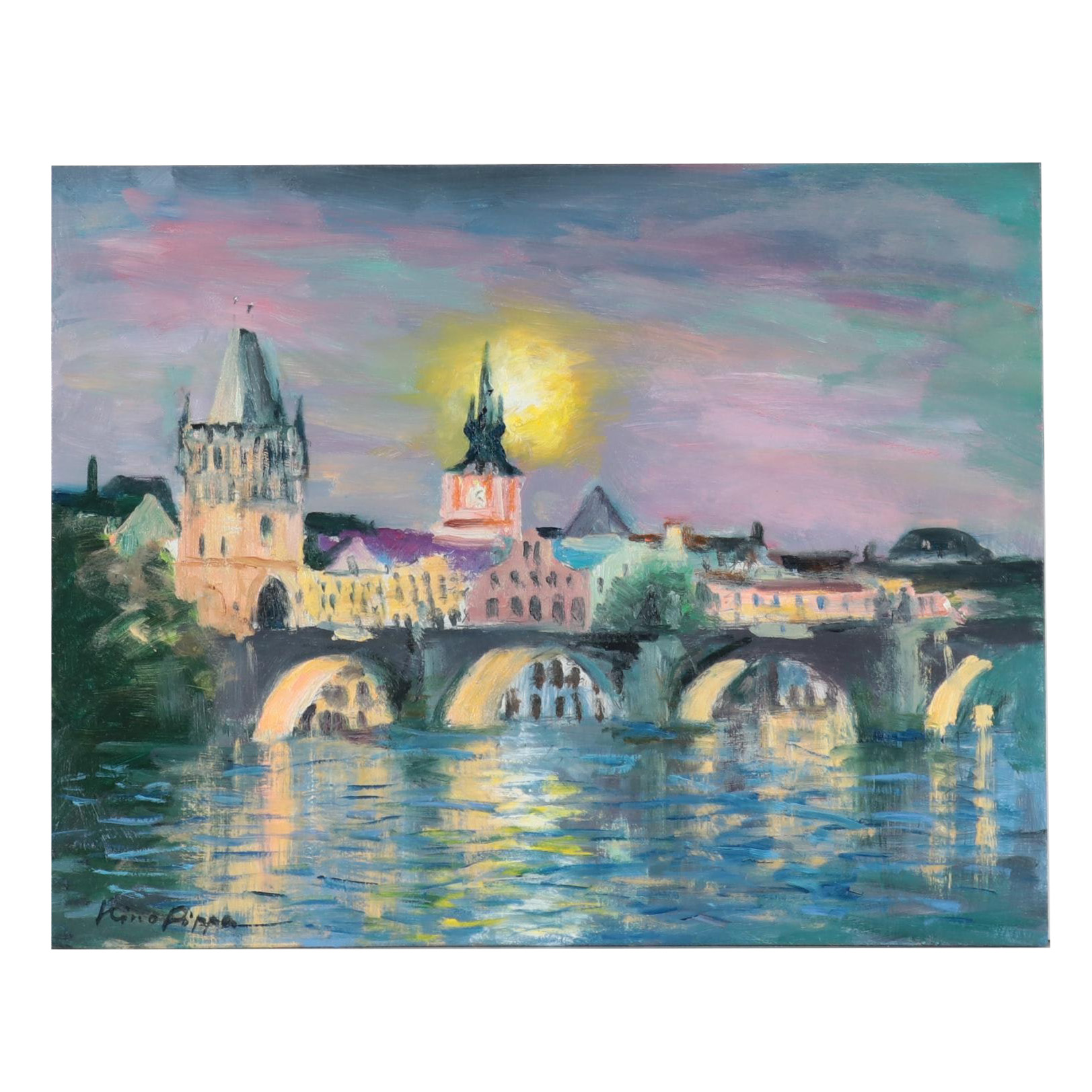 Nino Pippa Oil Painting "Prague - Charles Bridge - Night Scene"