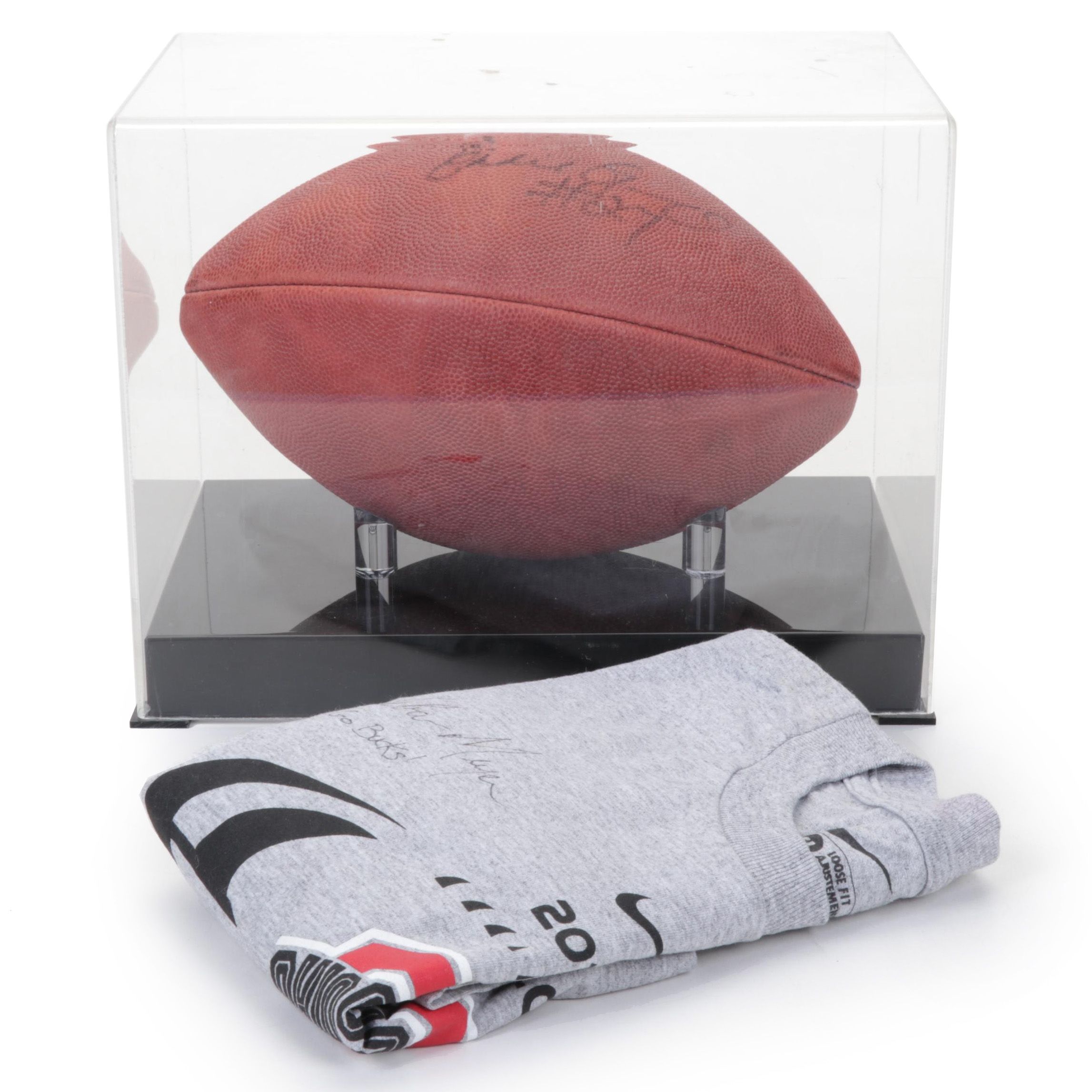 Eddie George Signed Wilson Football In Case and 2012 Urban Meyer Signed T-Shirt