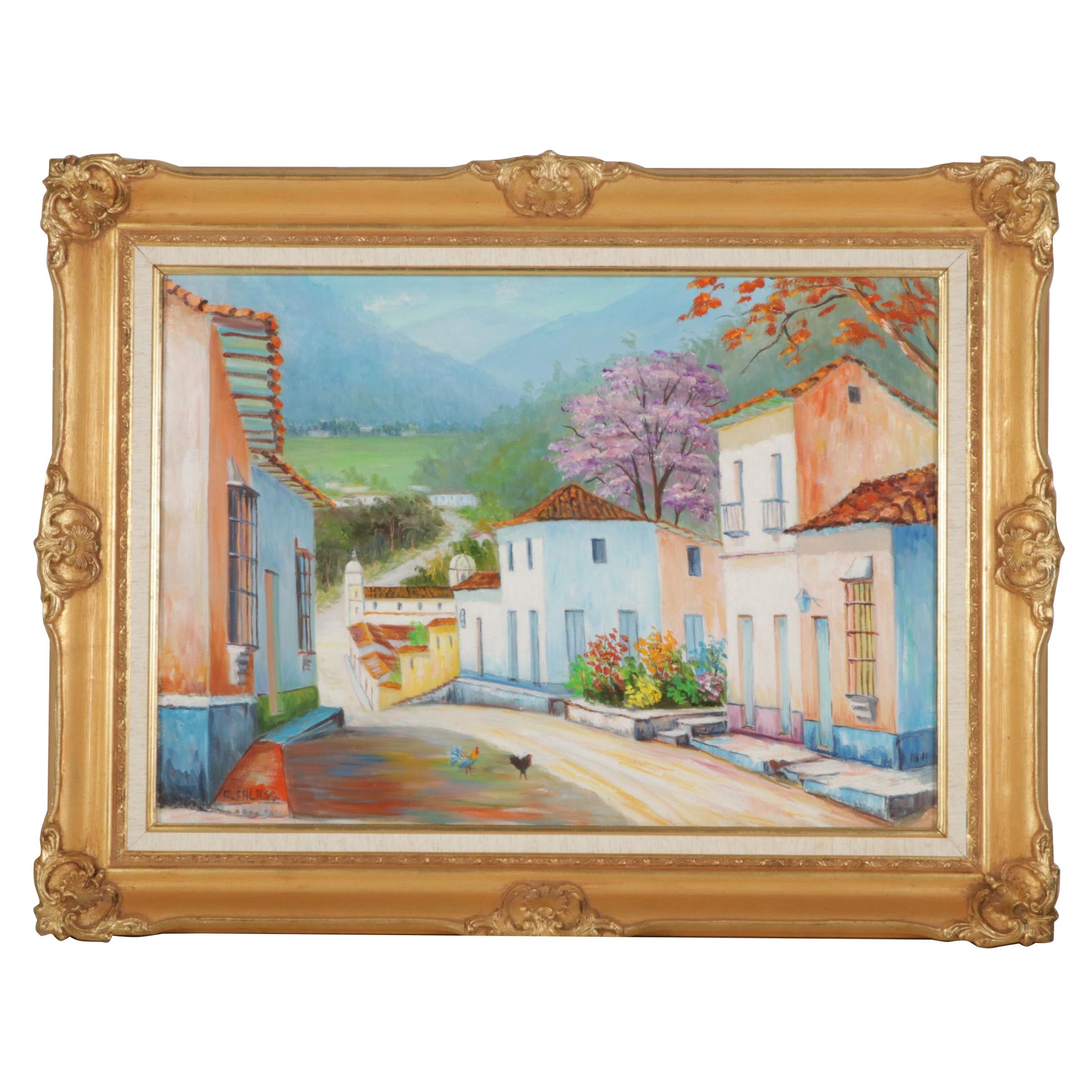 C. Salas Oil Painting of Spanish Colonial Style Village, Late 20th-21st Century