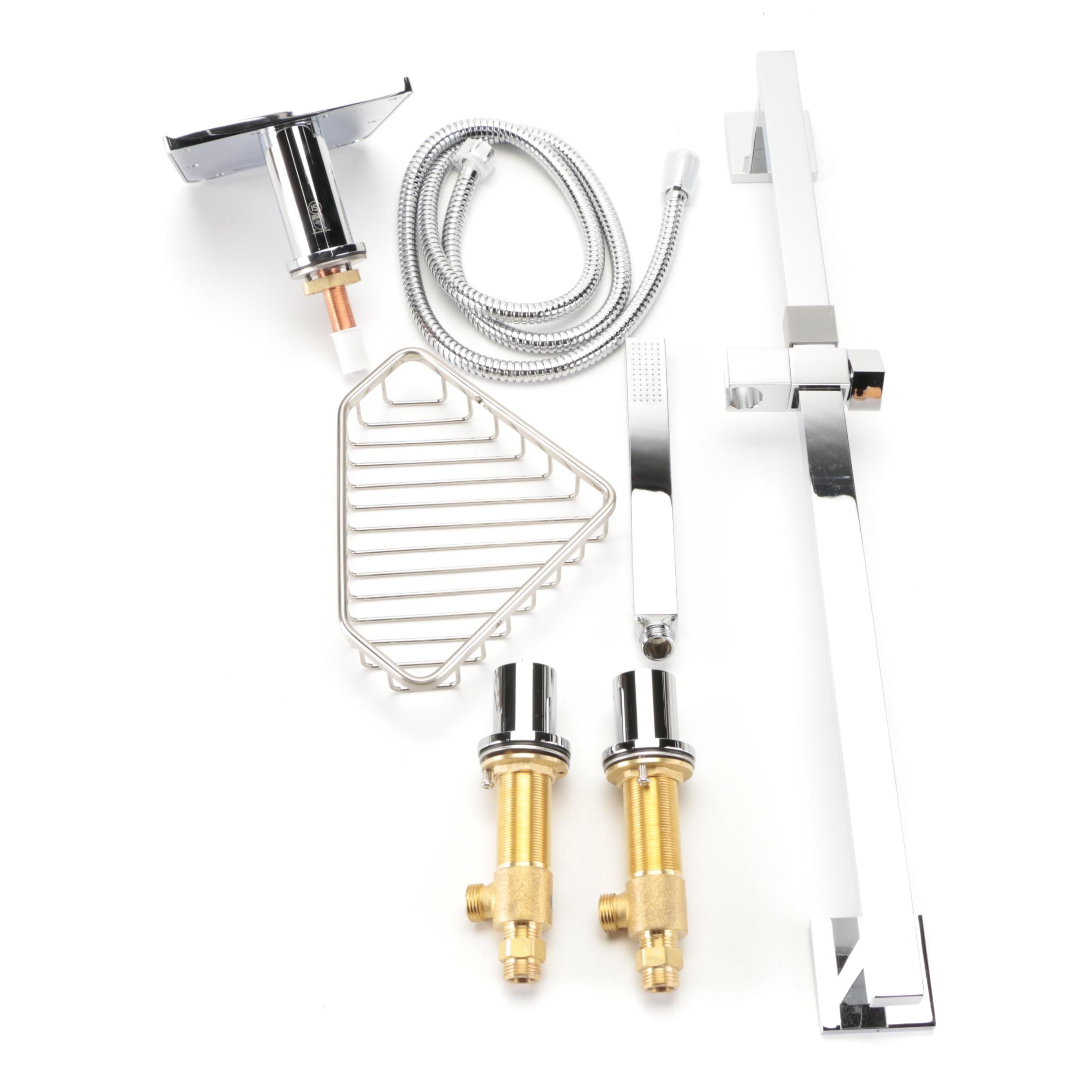 Widespread Waterfall Faucet and Slide Bar, Rectangular Hand Shower, Soap Caddy