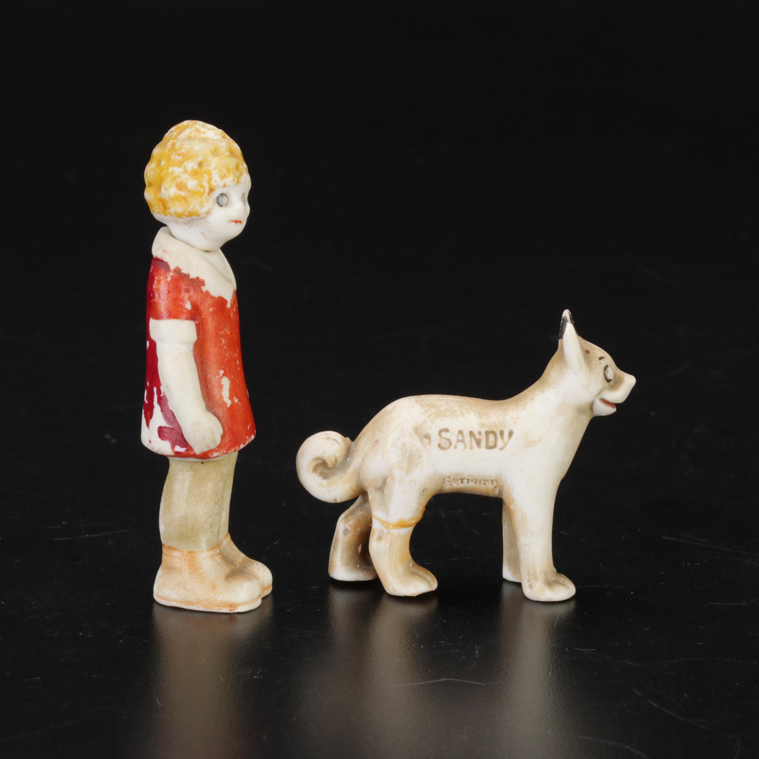 Bisque "Little Orphan Annie" Figures and Glass Candy Boxes, Early 20th Century