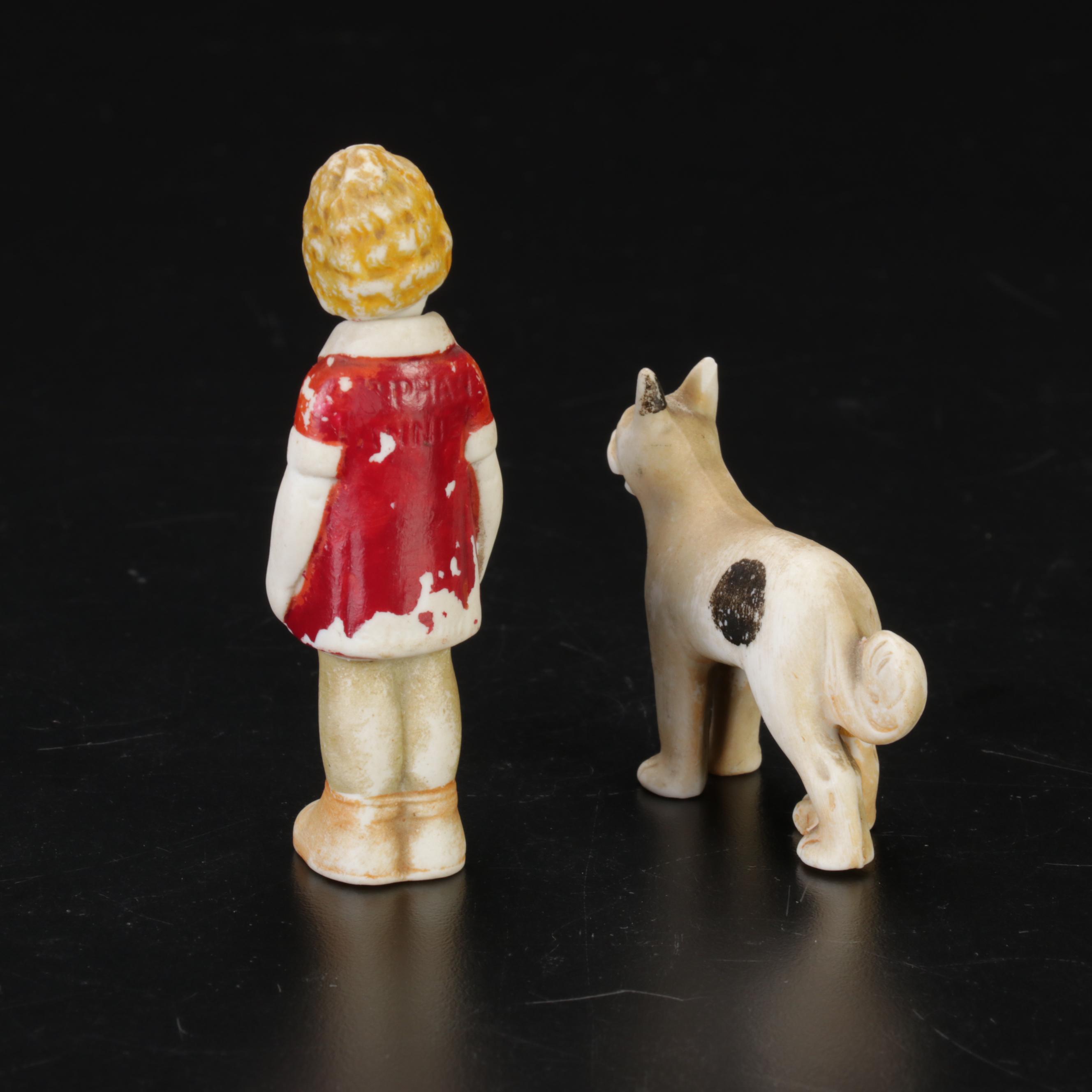 Bisque "Little Orphan Annie" Figures and Glass Candy Boxes, Early 20th Century