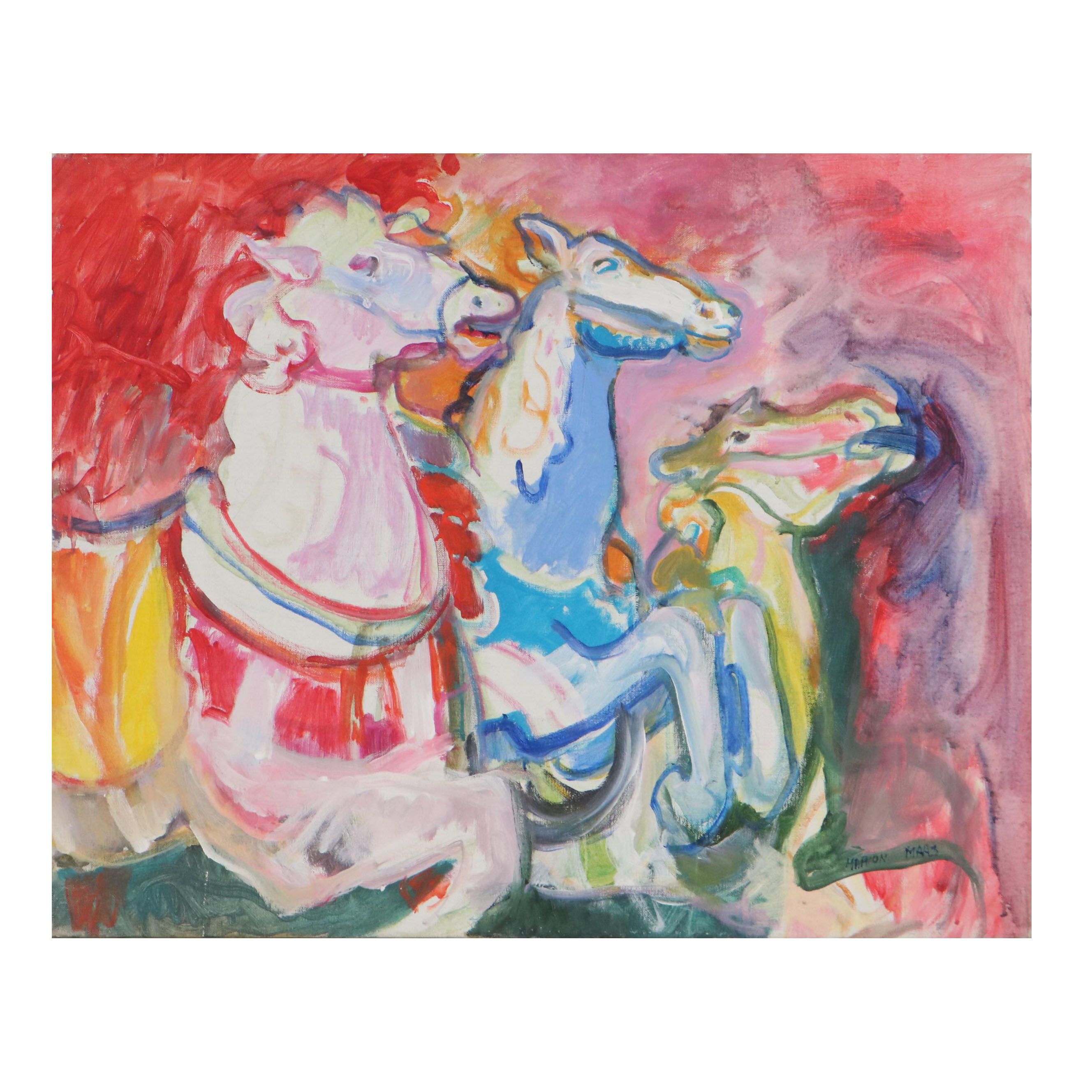 Marion Maas Oil Painting of Carousel Horses