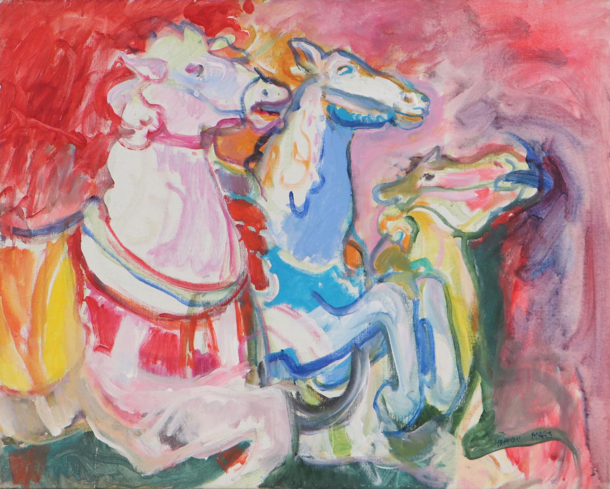 Marion Maas Oil Painting of Carousel Horses