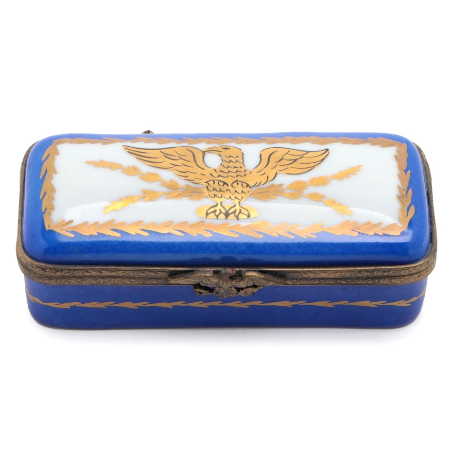 Gilded Blue and White Eagle Motif Porcelain Limoges Box