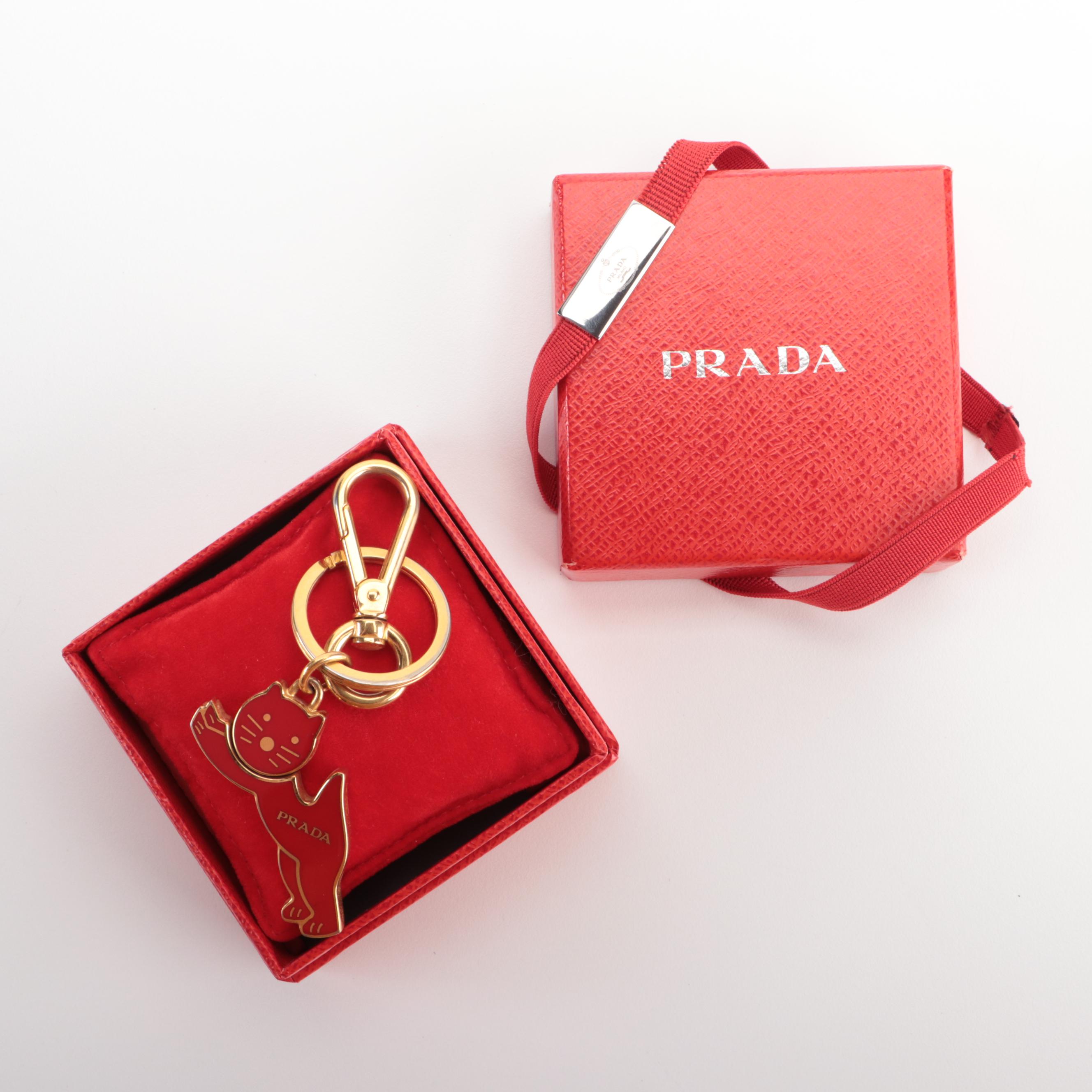 Prada Enamel Cat Key Ring with Hook Clasp