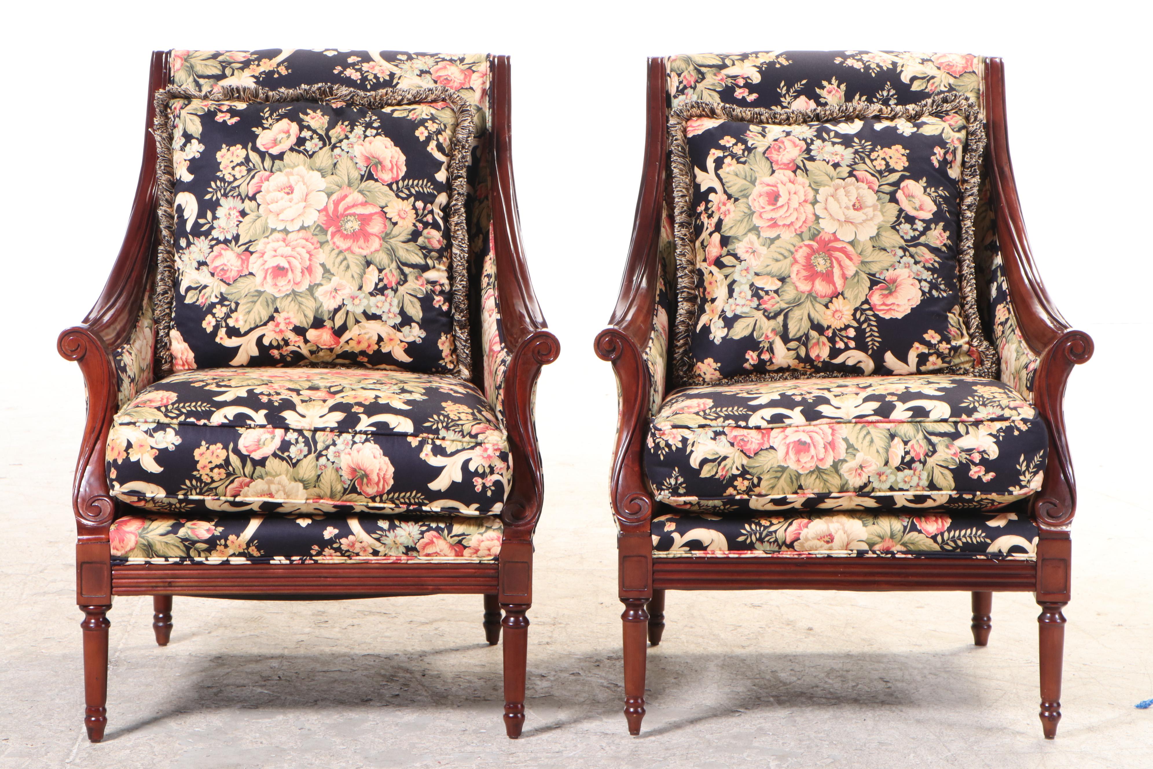 Pair of Jaclyn Smith Home Regency Style Mahogany Lounge Chairs