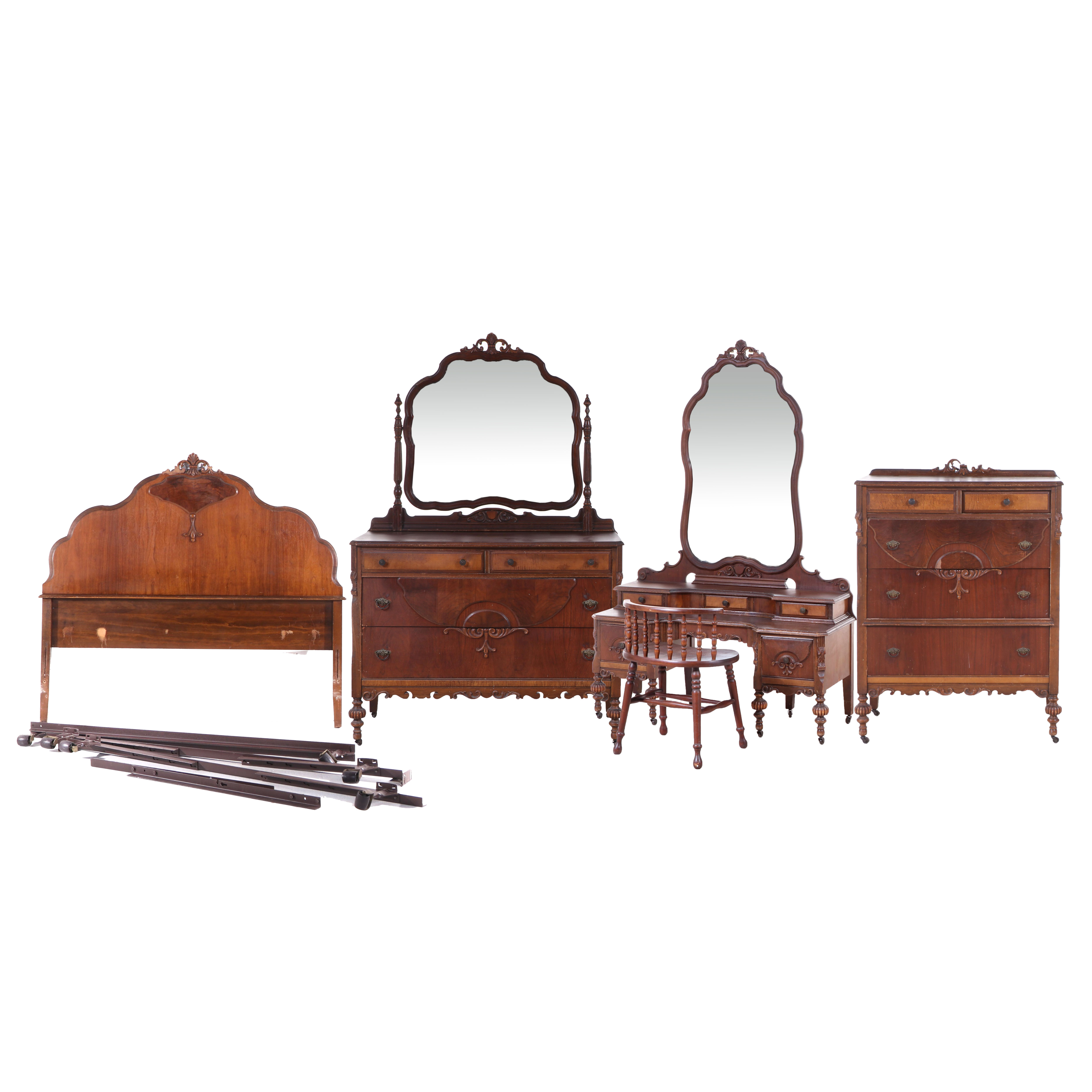 Blanchard-Hamilton Furniture Co. Jacobean Revival Walnut and Maple Bedroom Set