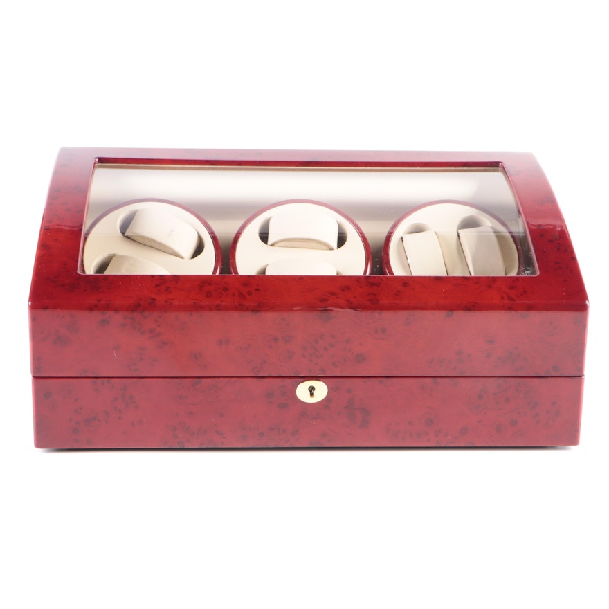 Multiple Watch Winder and Case with High Gloss Burlwood Finish