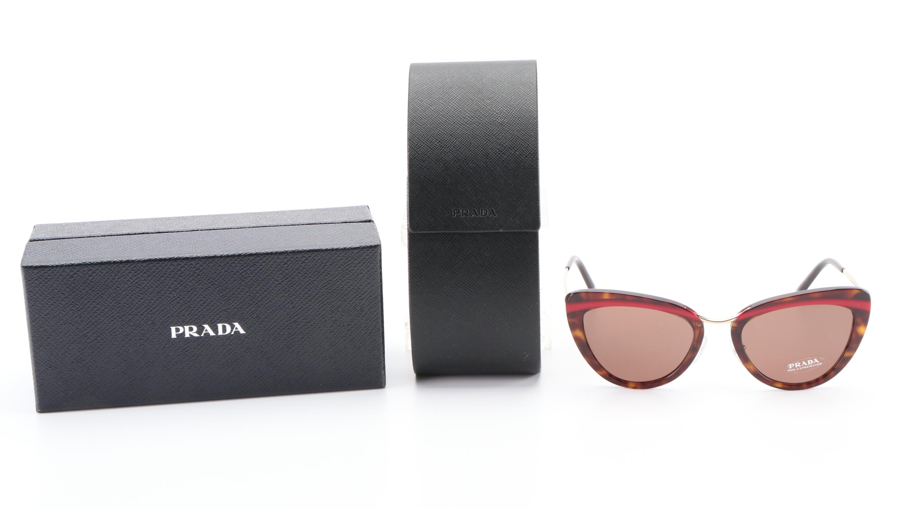 Prada SPR 25X Cat Eye Sunglasses in Red Striped Tortoise Acetate with Case & Box