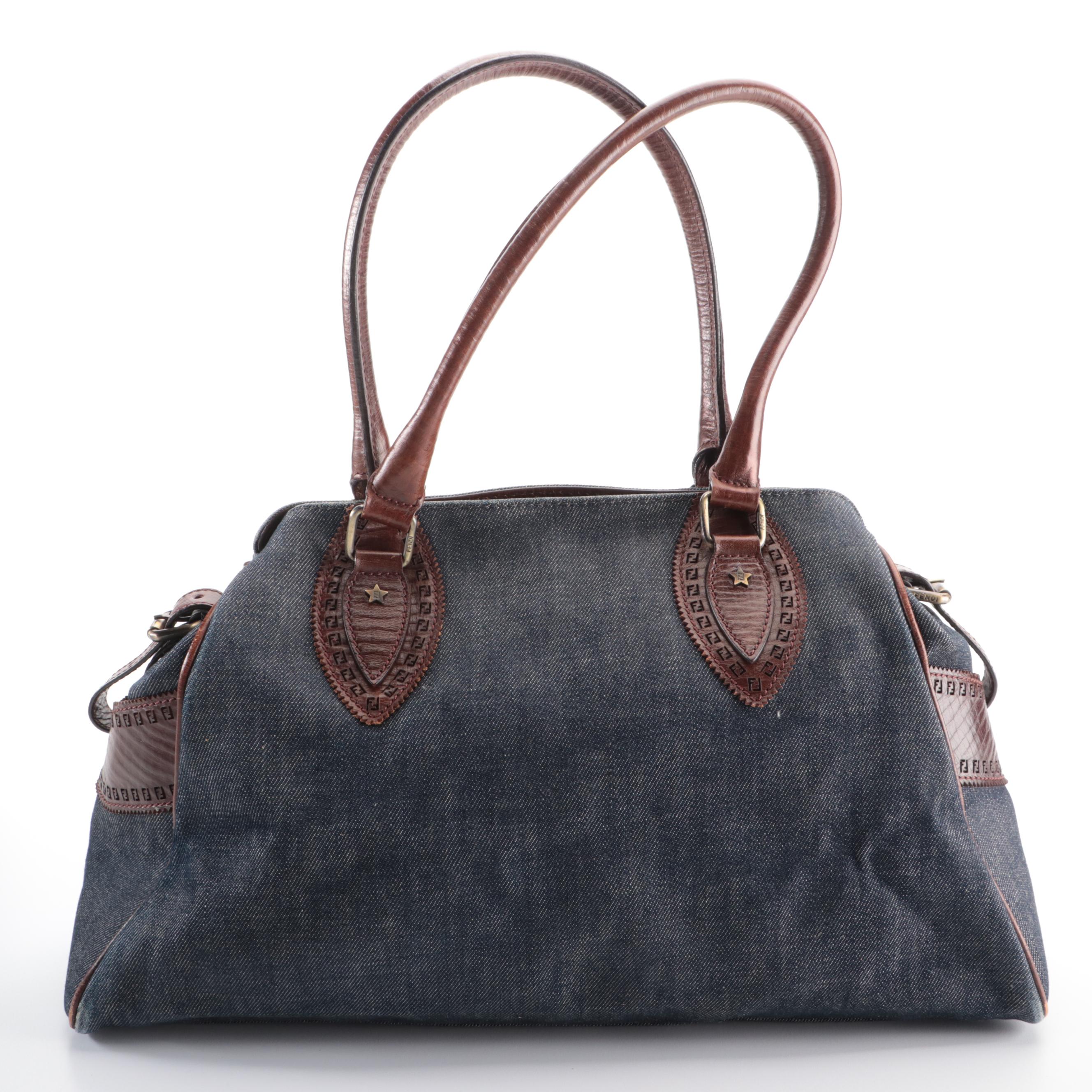 Fendi Du Jour Tote Bag in Denim and Perforated Leather Trim