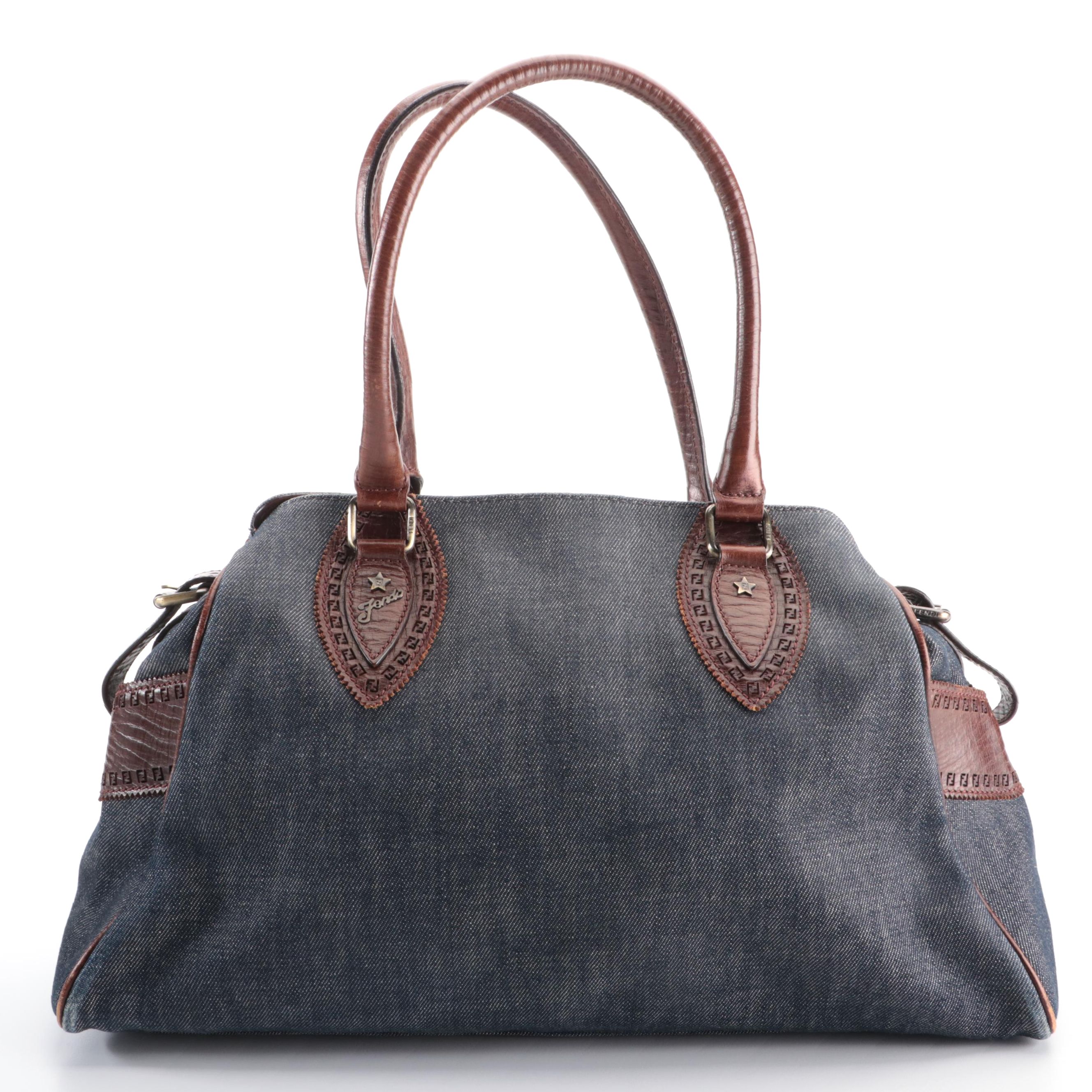 Fendi Du Jour Tote Bag in Denim and Perforated Leather Trim