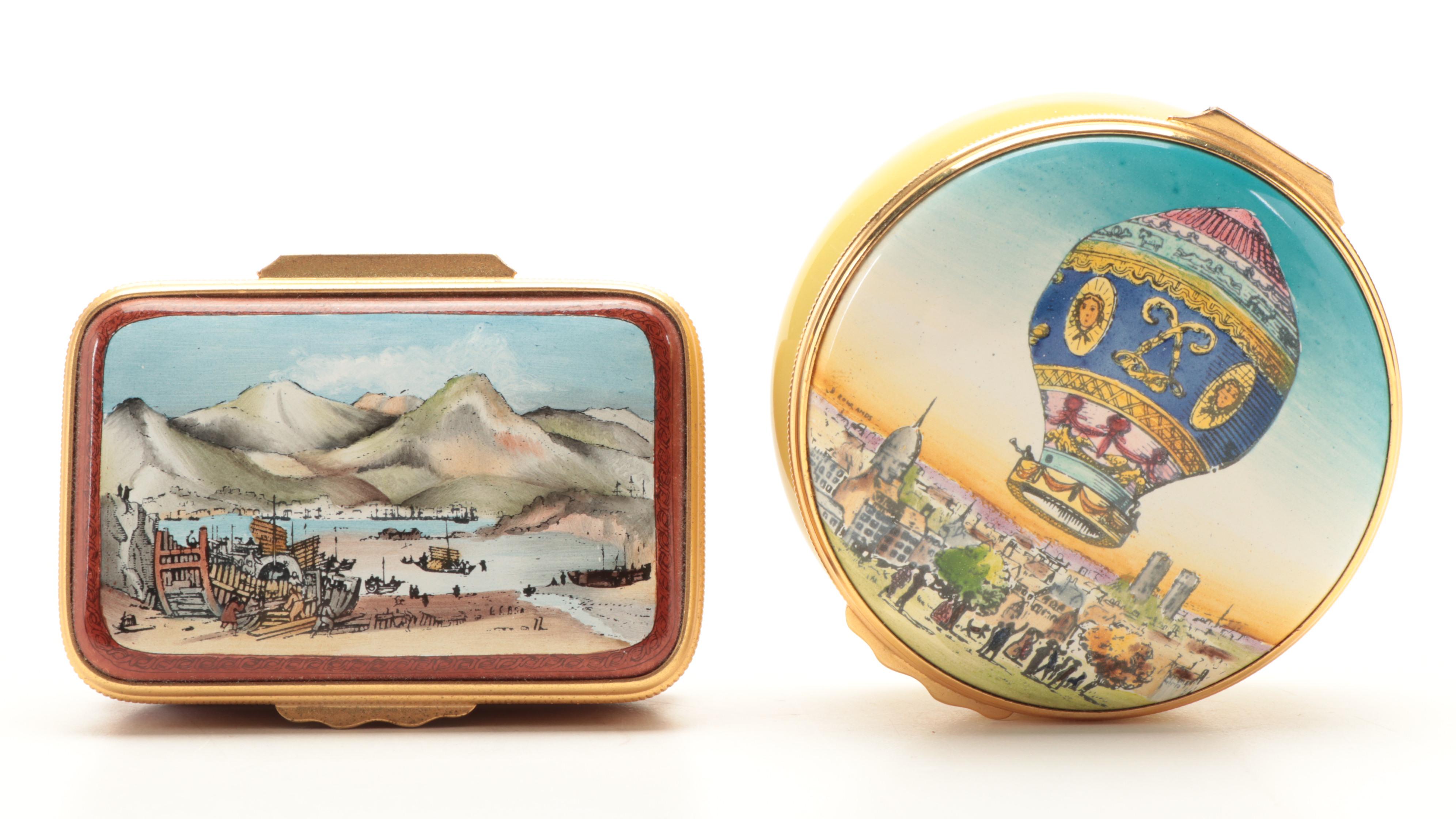 Halcyon Days Enameled Copper Hong Kong Harbour and Balloon Boxes