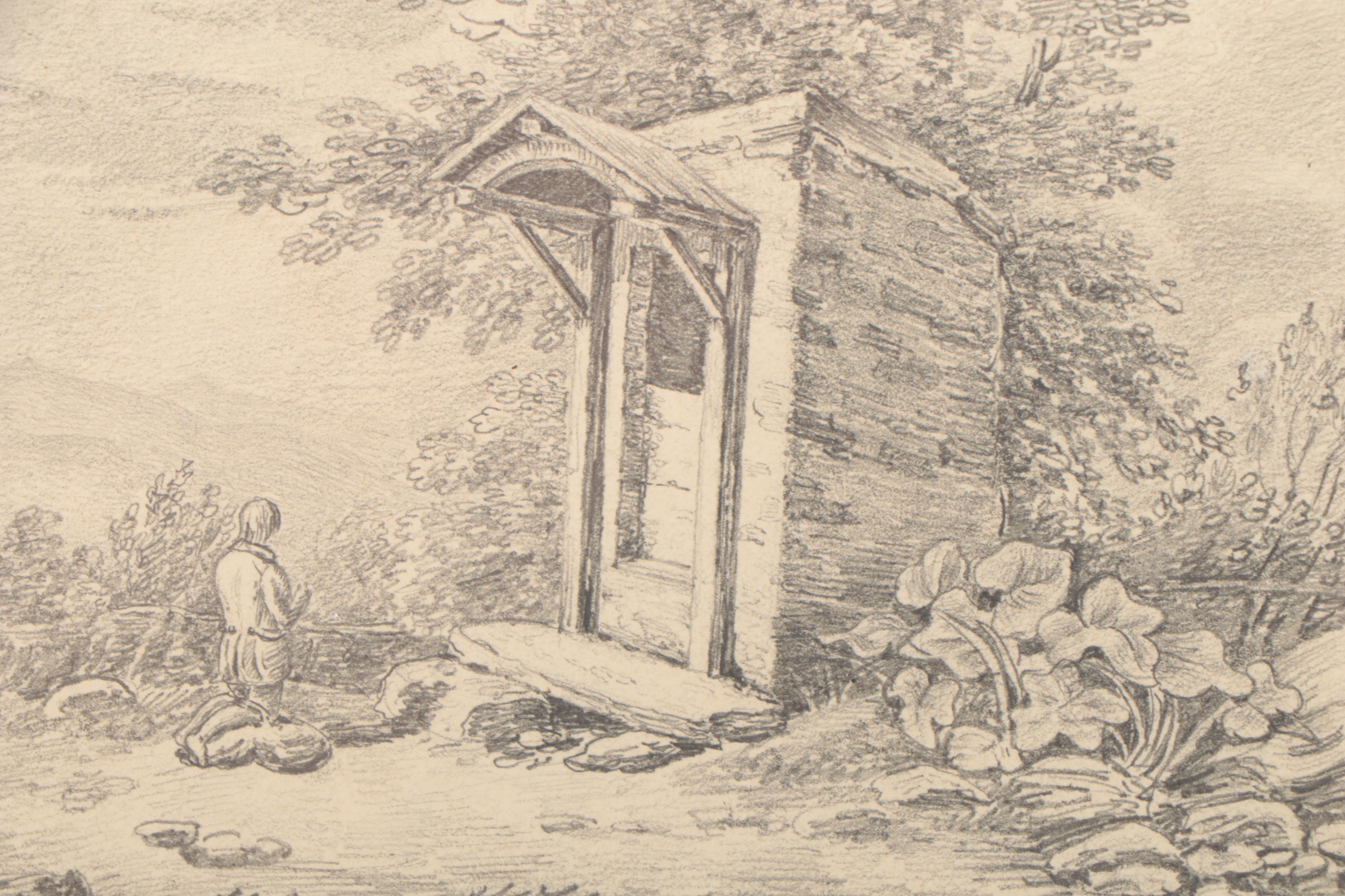 European School Landscape Graphite Drawing of Man Praying