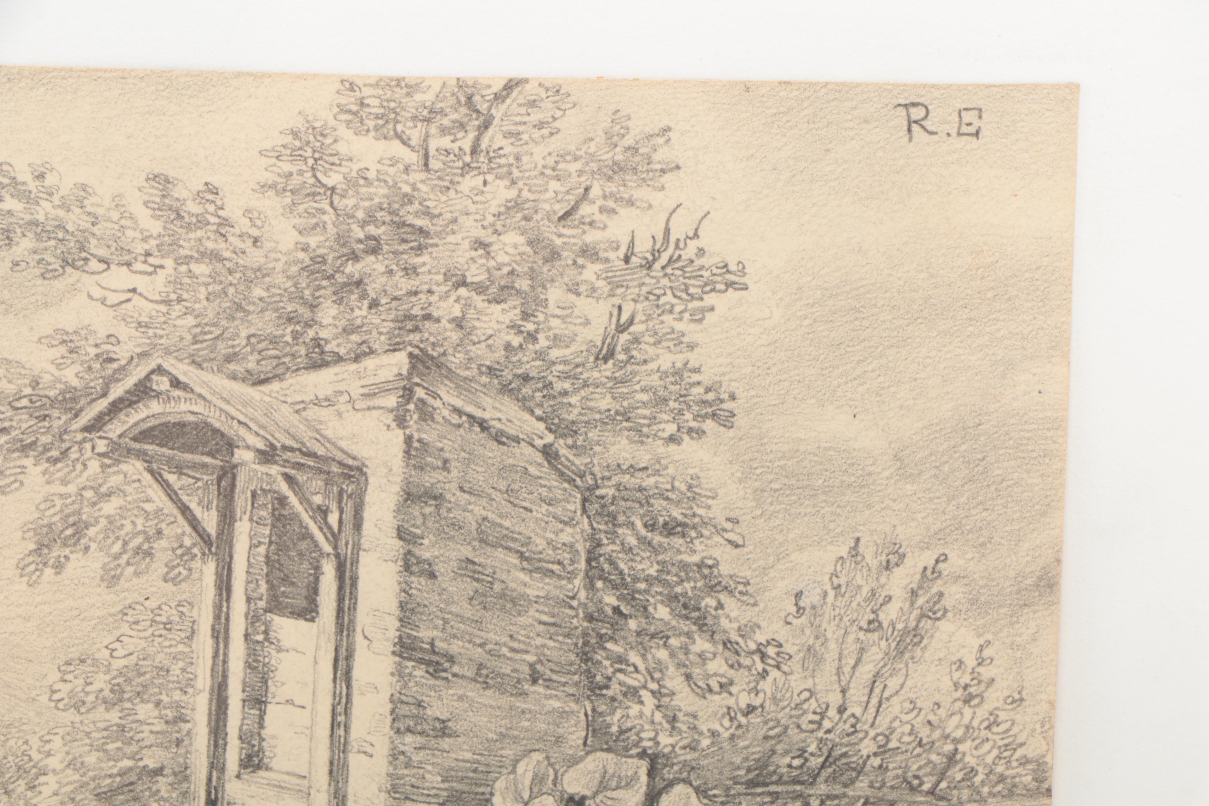 European School Landscape Graphite Drawing of Man Praying