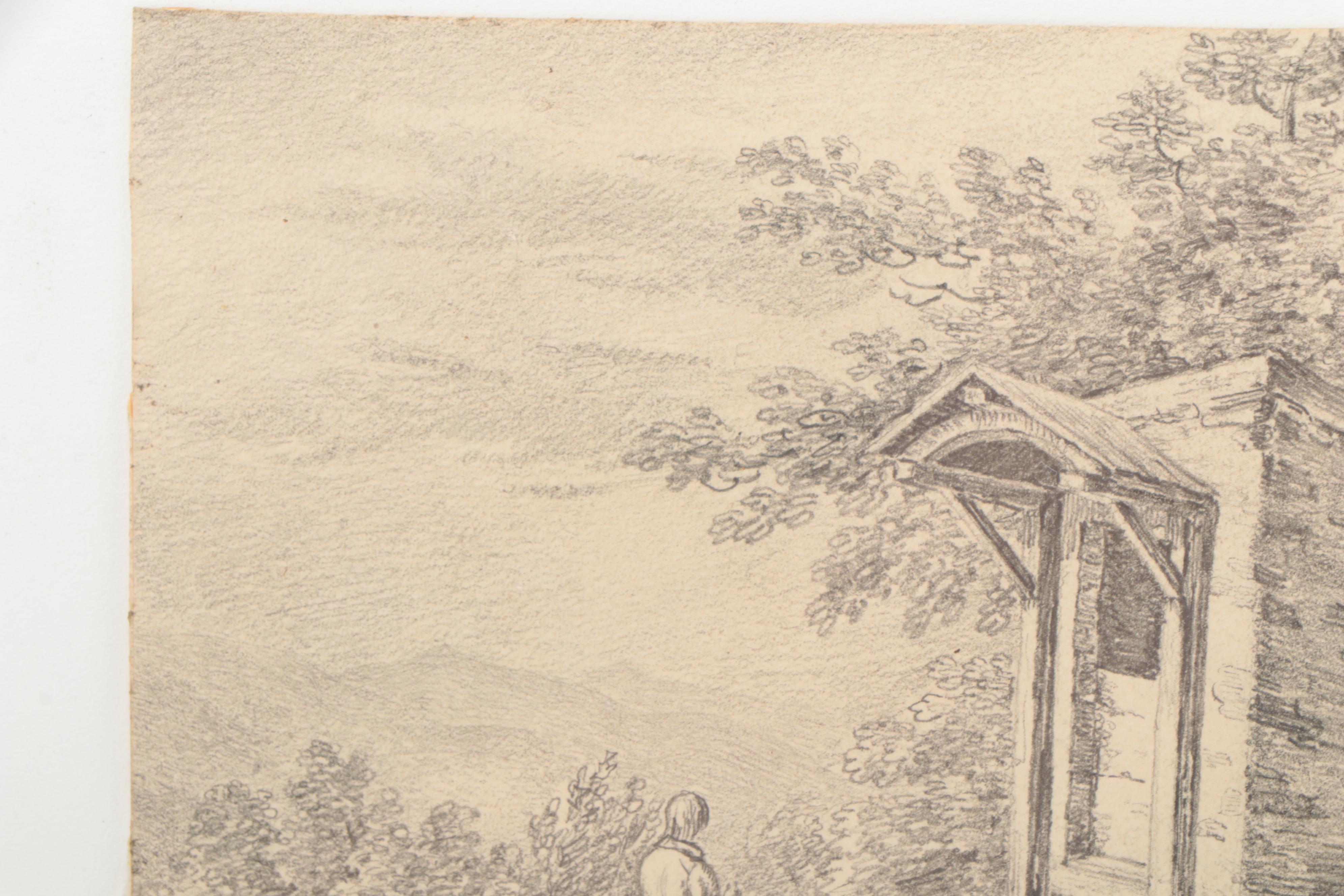 European School Landscape Graphite Drawing of Man Praying