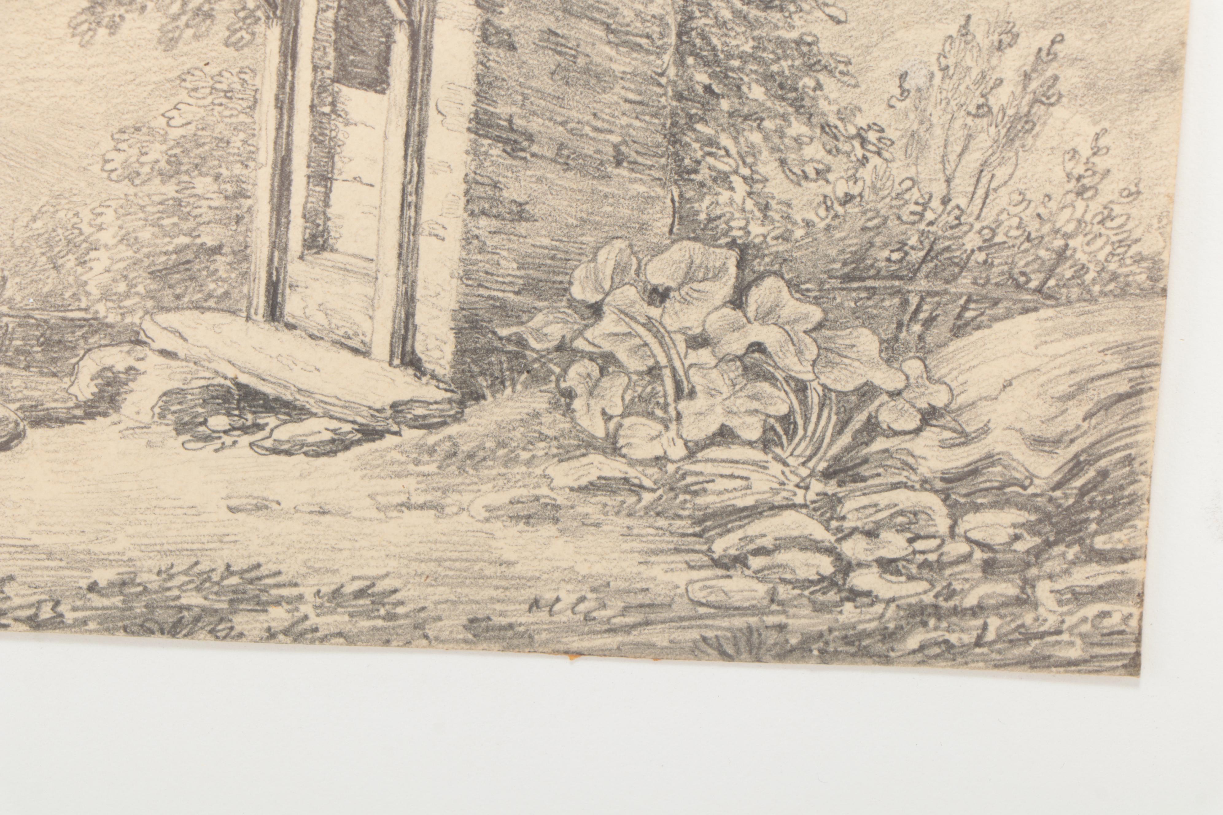 European School Landscape Graphite Drawing of Man Praying