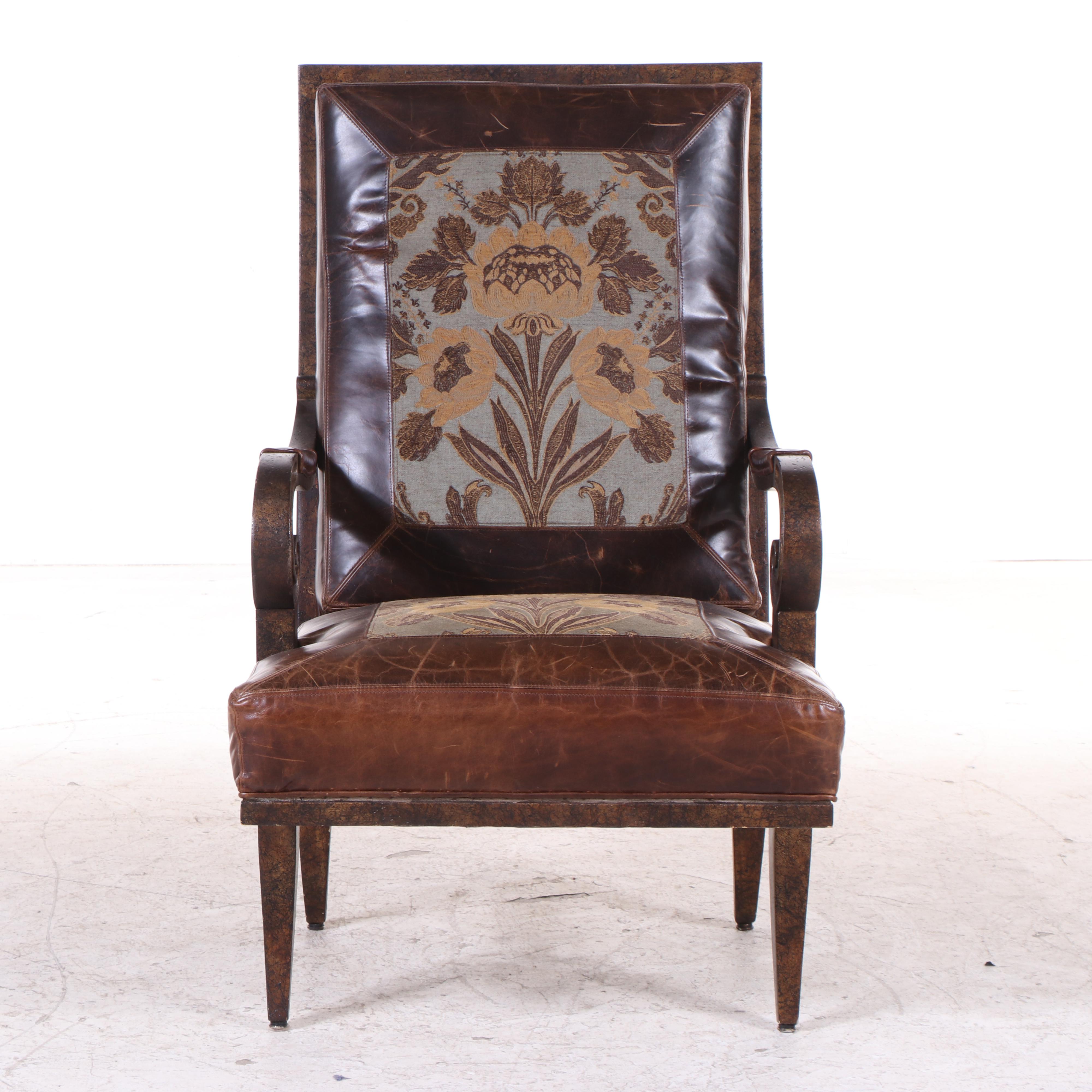 Lilly Classical Style Leather Upholstered Lounge Chair with Inset Floral Panels