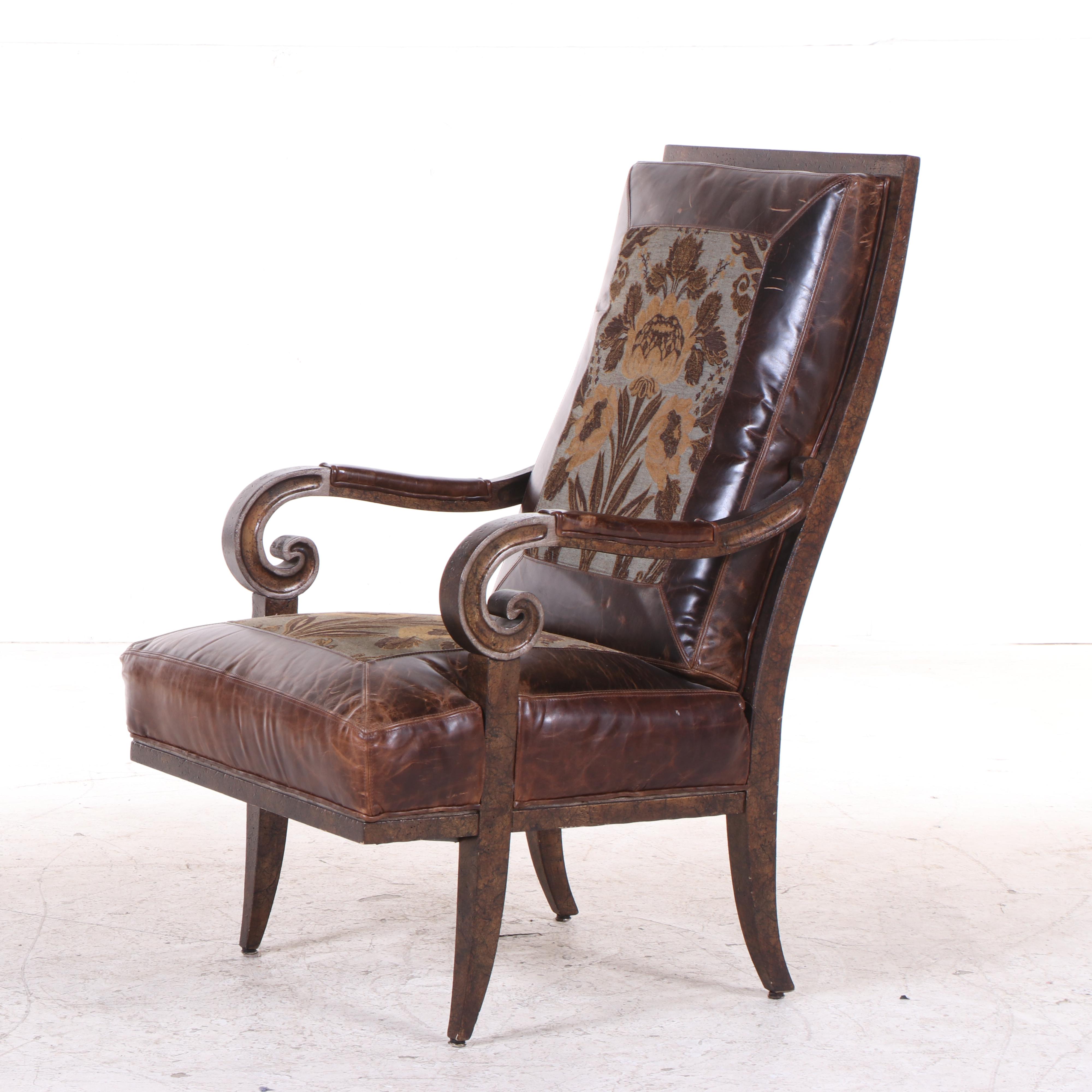 Lilly Classical Style Leather Upholstered Lounge Chair with Inset Floral Panels