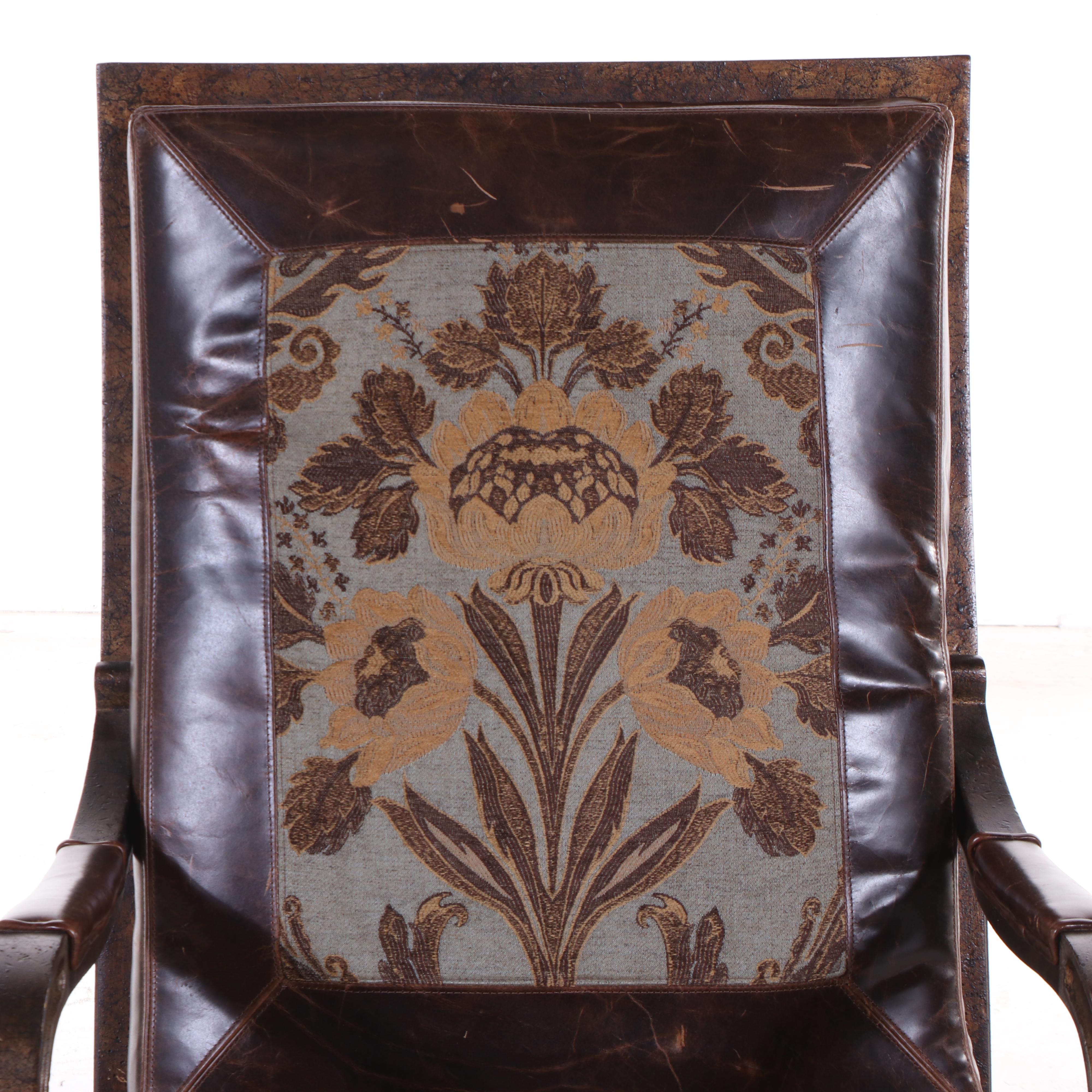 Lilly Classical Style Leather Upholstered Lounge Chair with Inset Floral Panels