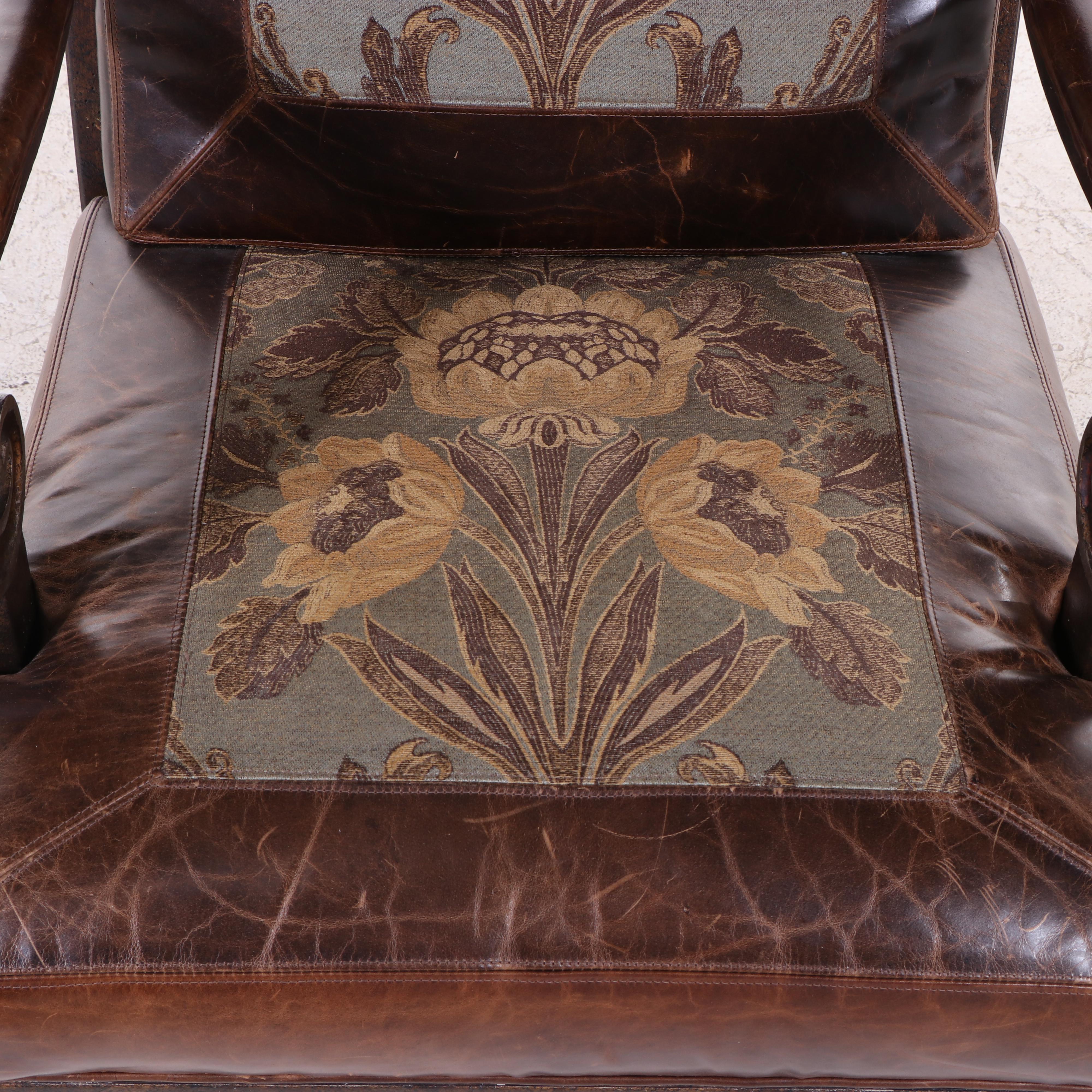 Lilly Classical Style Leather Upholstered Lounge Chair with Inset Floral Panels