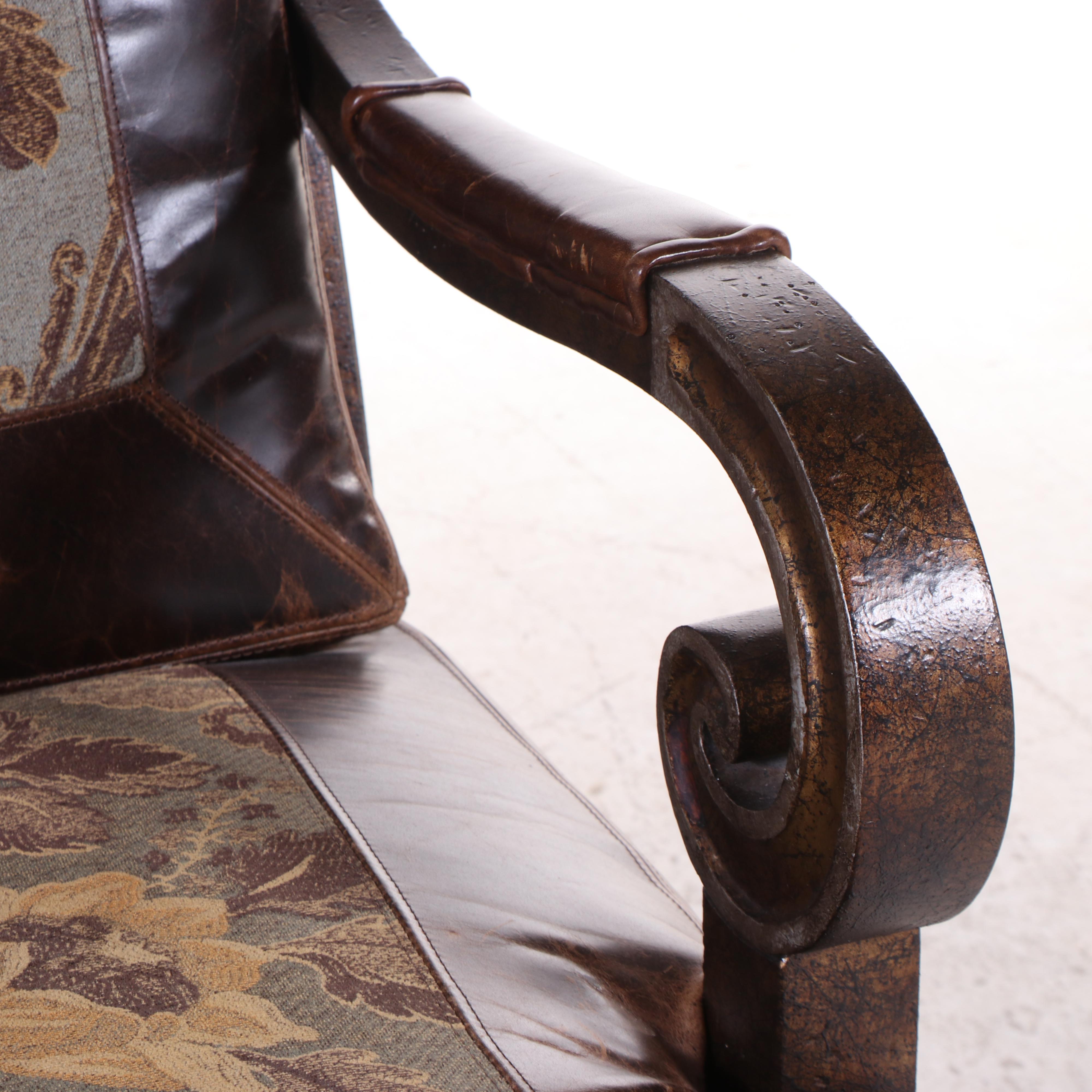 Lilly Classical Style Leather Upholstered Lounge Chair with Inset Floral Panels