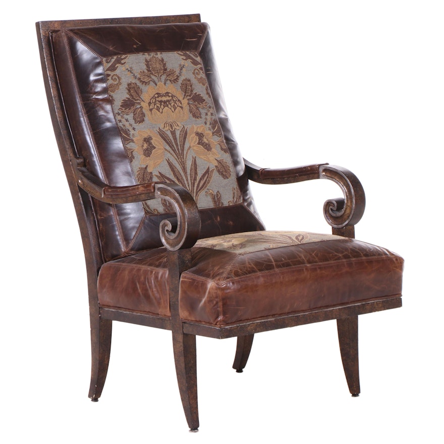 Lilly Classical Style Leather Upholstered Lounge Chair with Inset Floral Panels