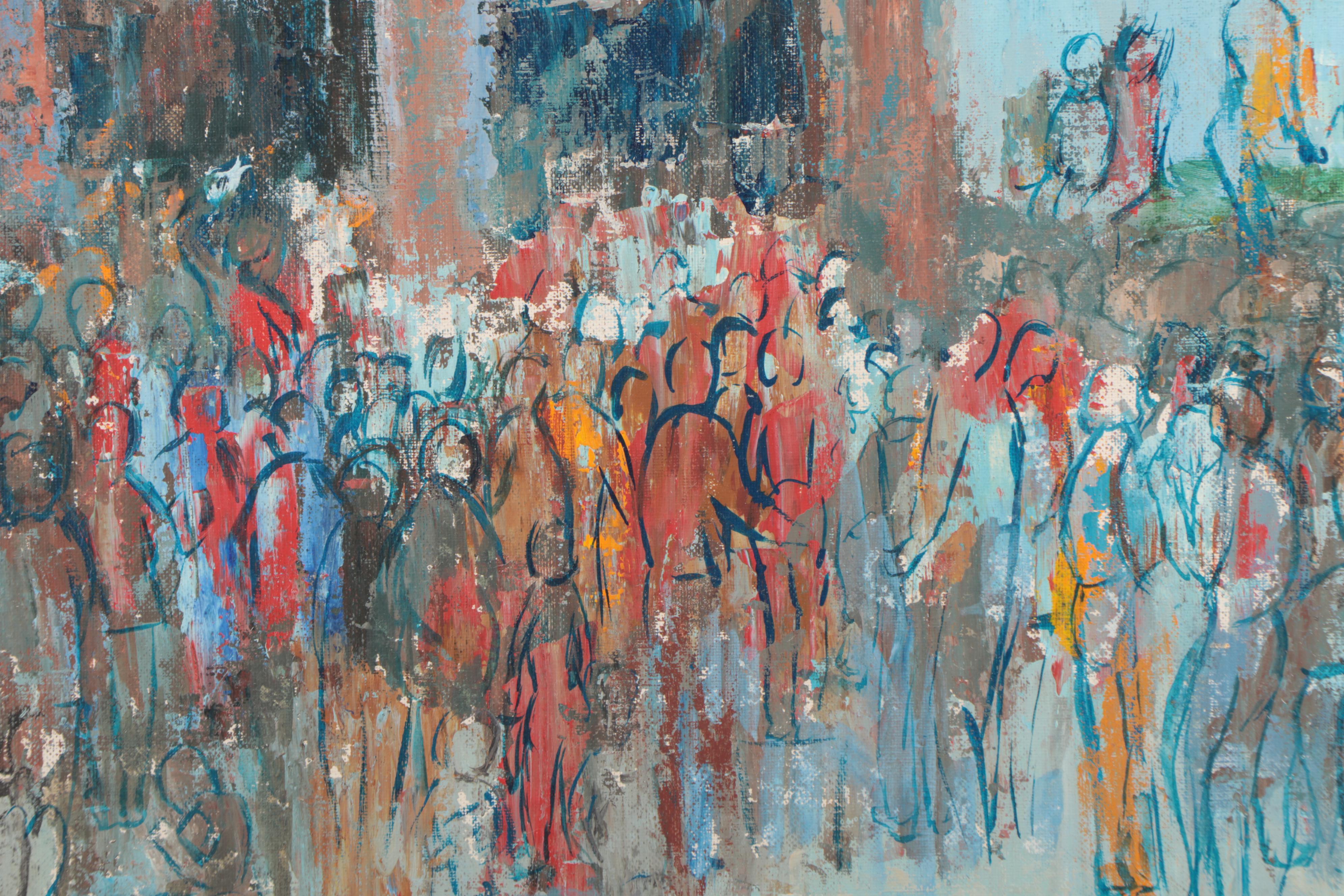 Carol Stern Schaengold Figurative Oil Painting of Crowded Street Scene