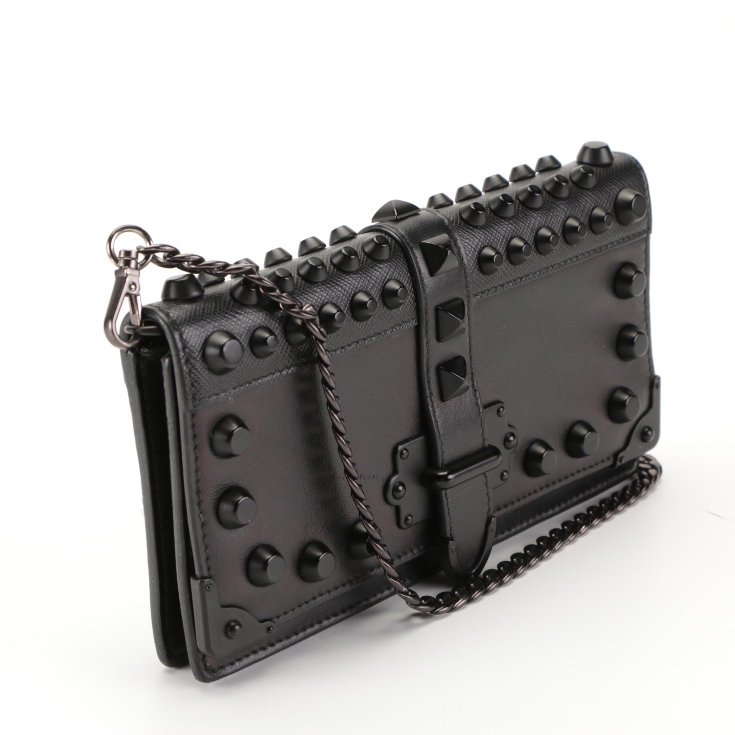 Prada Cahier Studded Convertible Clutch in City Calf and Saffiano Leather