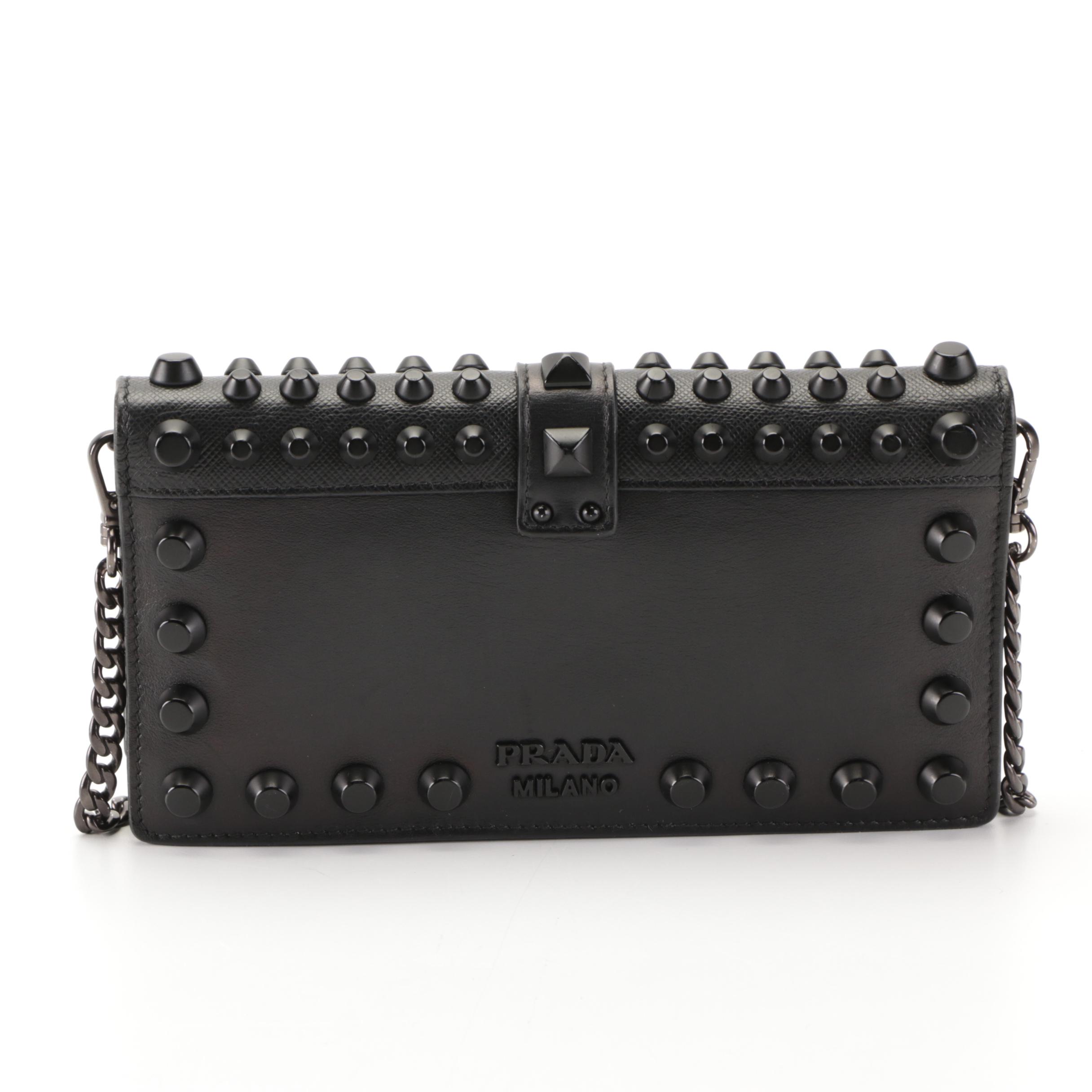 Prada Cahier Studded Convertible Clutch in City Calf and Saffiano Leather