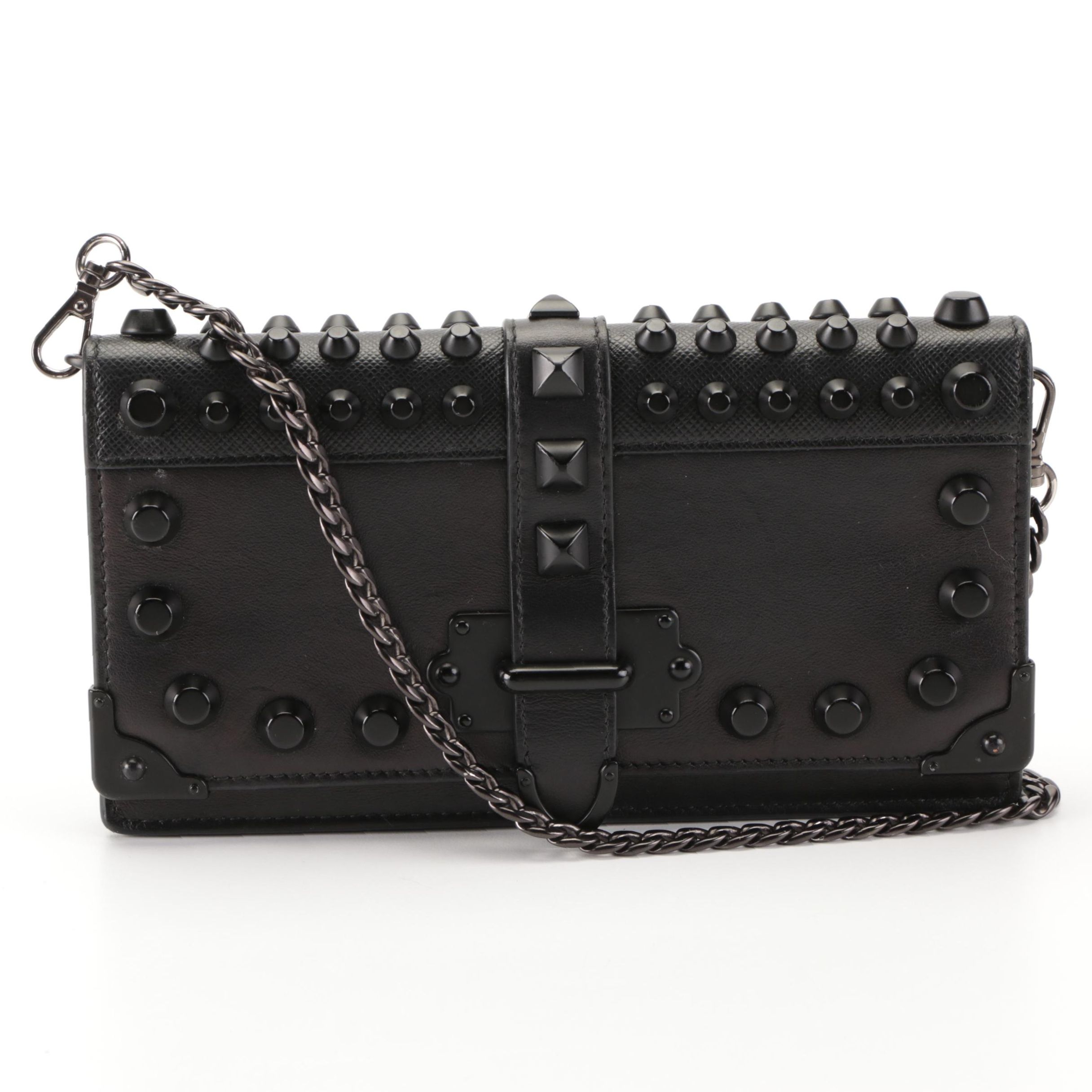 Prada Cahier Studded Convertible Clutch in City Calf and Saffiano Leather