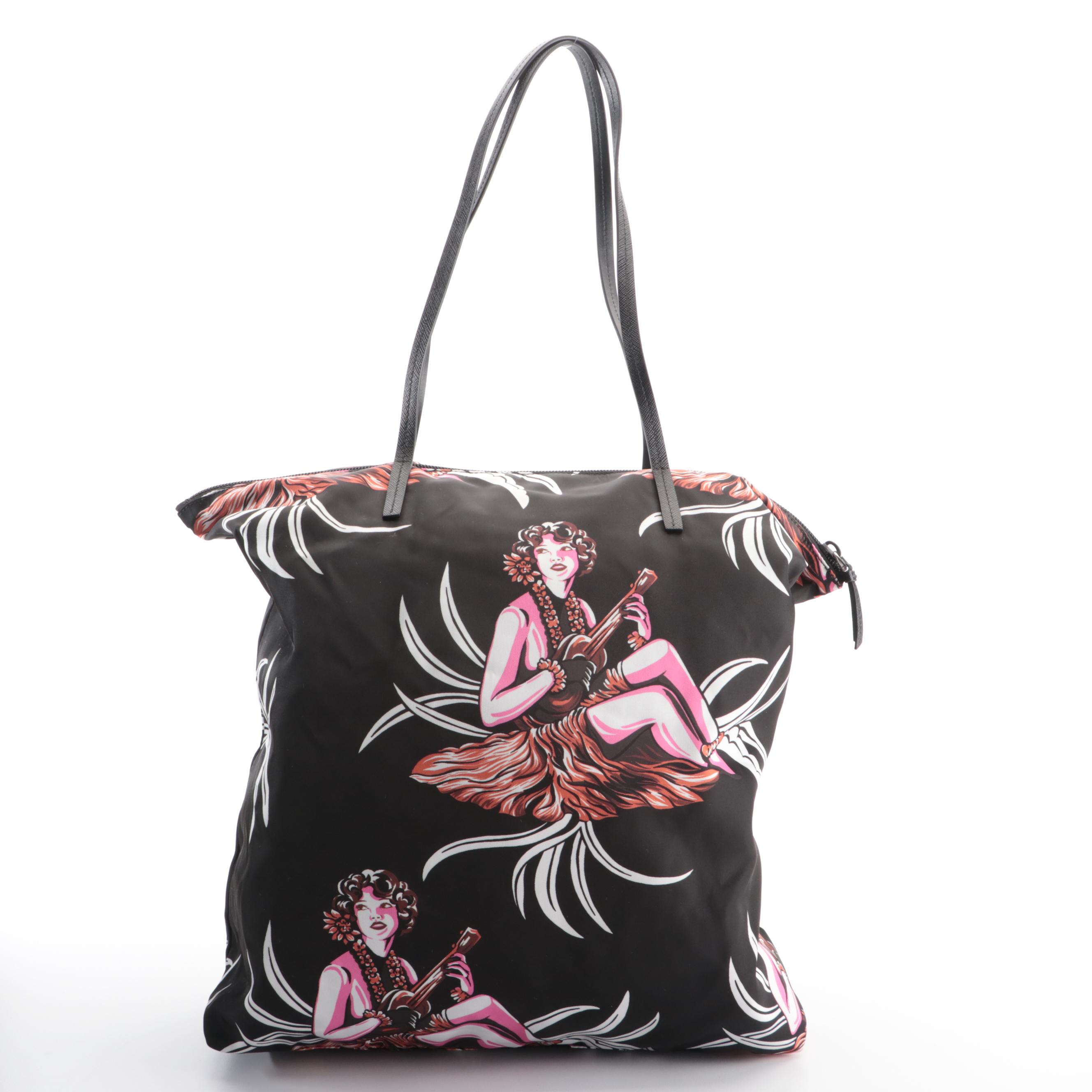 Prada Zip Tote in Printed Tessuto Nylon with Saffiano Leather Handles