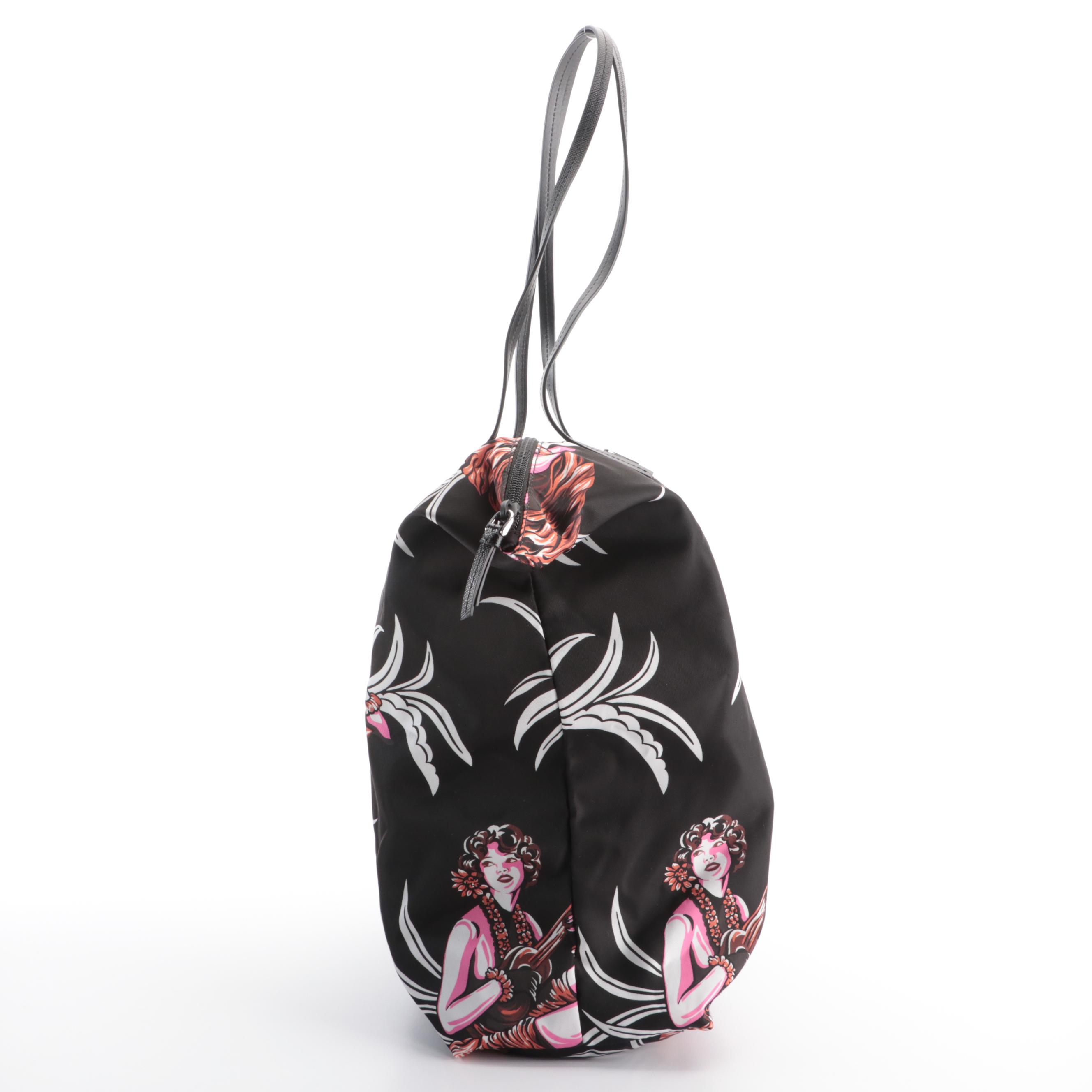 Prada Zip Tote in Printed Tessuto Nylon with Saffiano Leather Handles