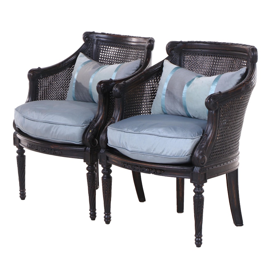 Pair of Louis XVI Style Ebonized Double-Caned Armchairs