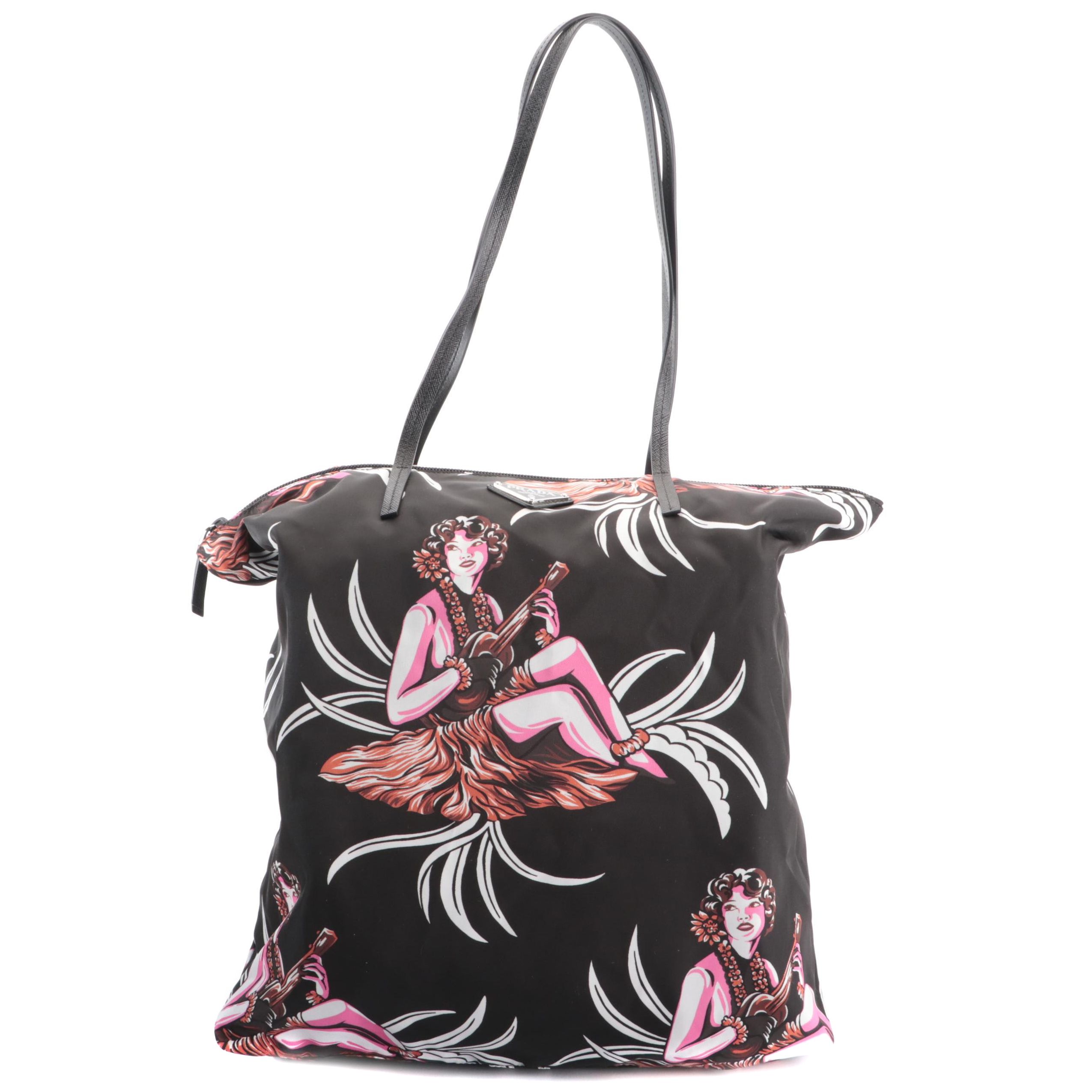 Prada Zip Tote in Printed Tessuto Nylon with Saffiano Leather Handles