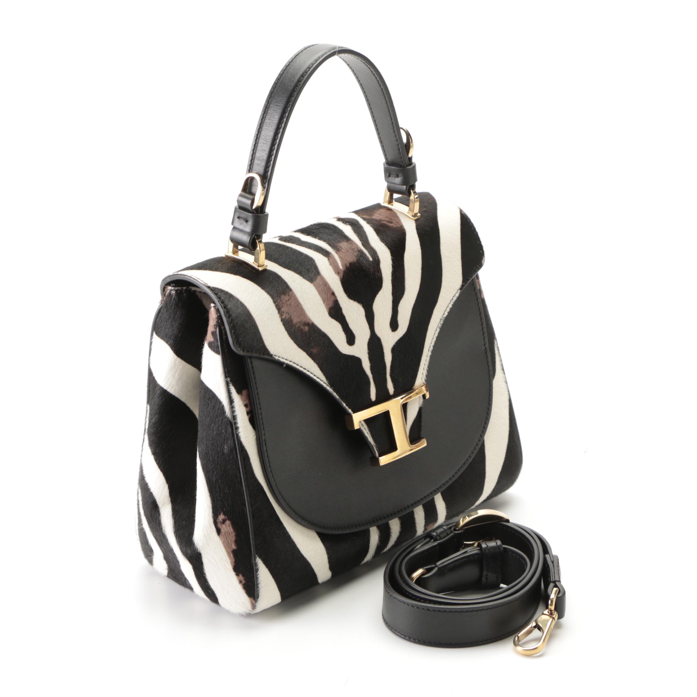 Tod's T Timeless Flap Front Top Handle Bag in Printed Calf Hair and Leather