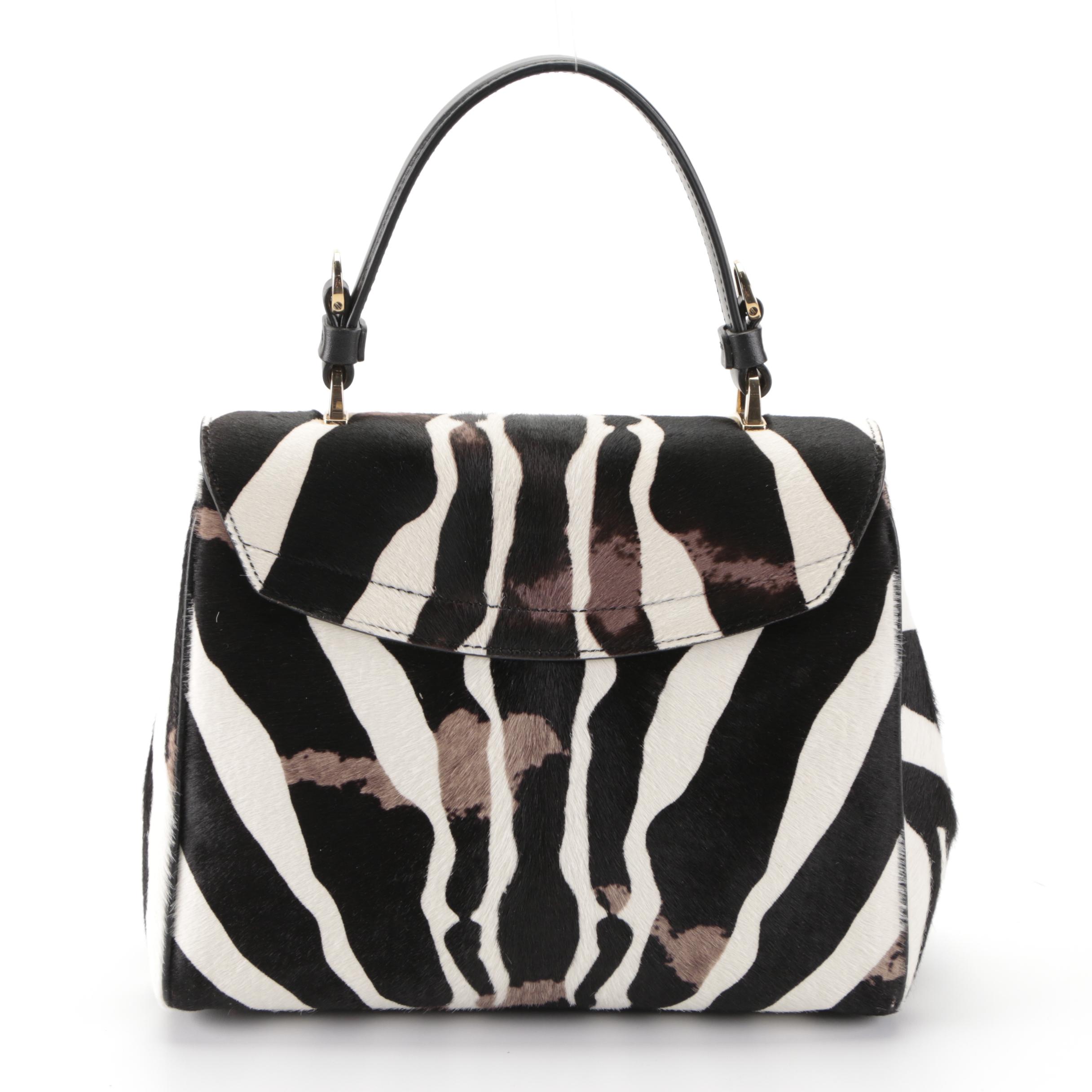 Tod's T Timeless Flap Front Top Handle Bag in Printed Calf Hair and Leather