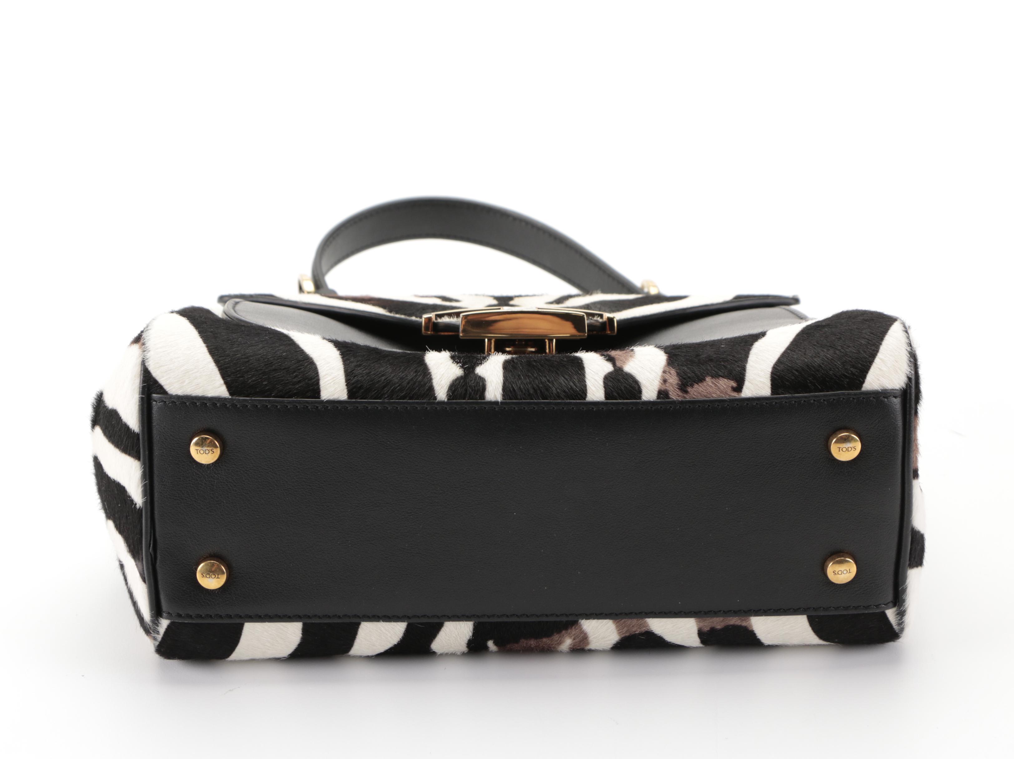 Tod's T Timeless Flap Front Top Handle Bag in Printed Calf Hair and Leather