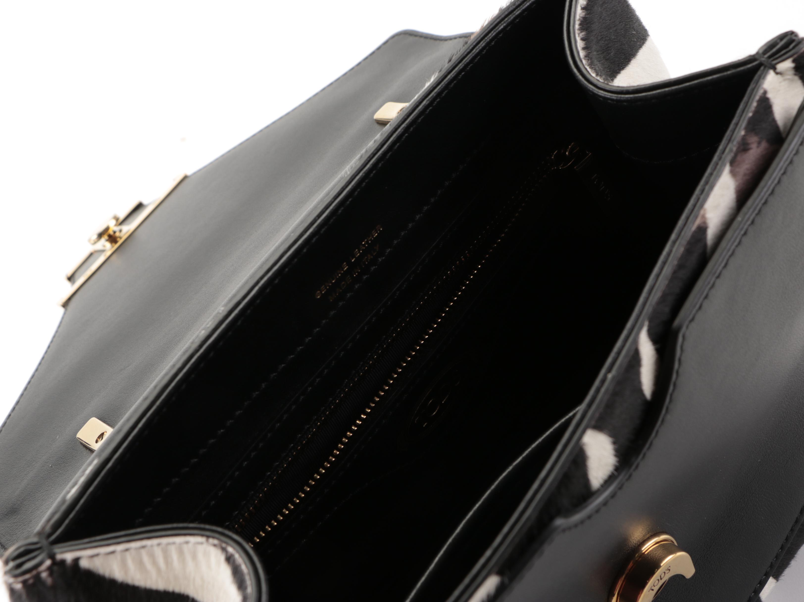 Tod's T Timeless Flap Front Top Handle Bag in Printed Calf Hair and Leather