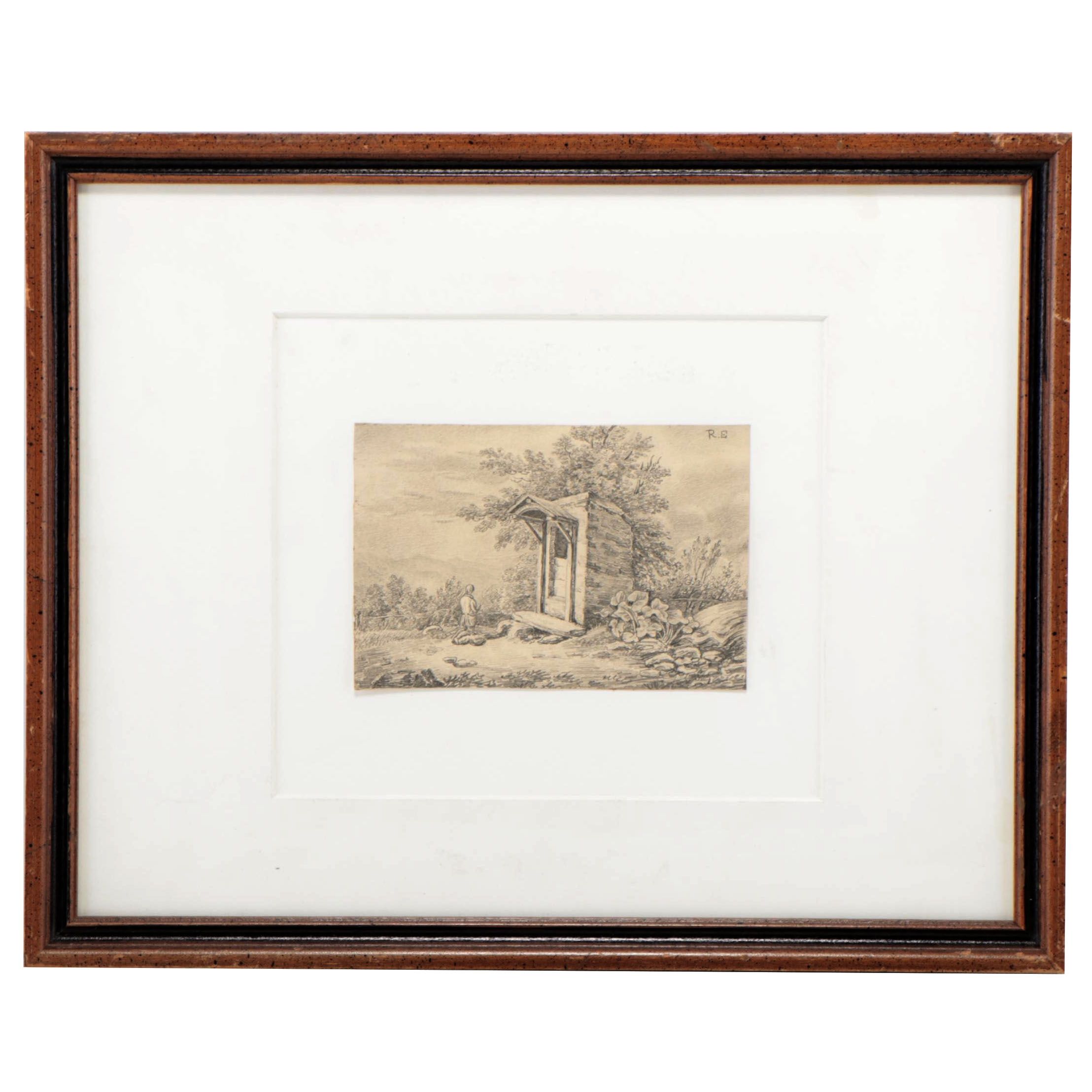 European School Landscape Graphite Drawing of Man Praying