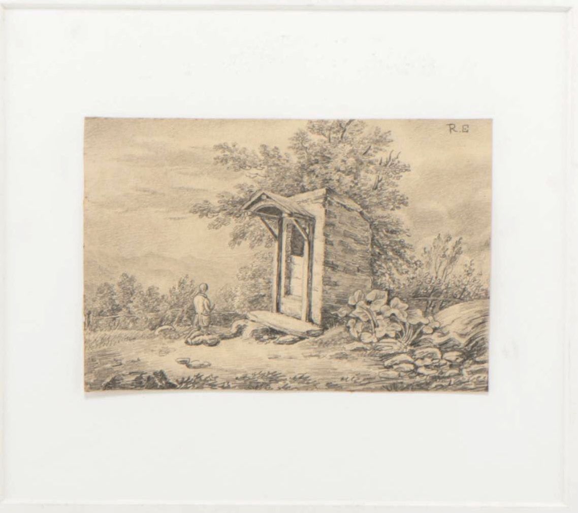 European School Landscape Graphite Drawing of Man Praying