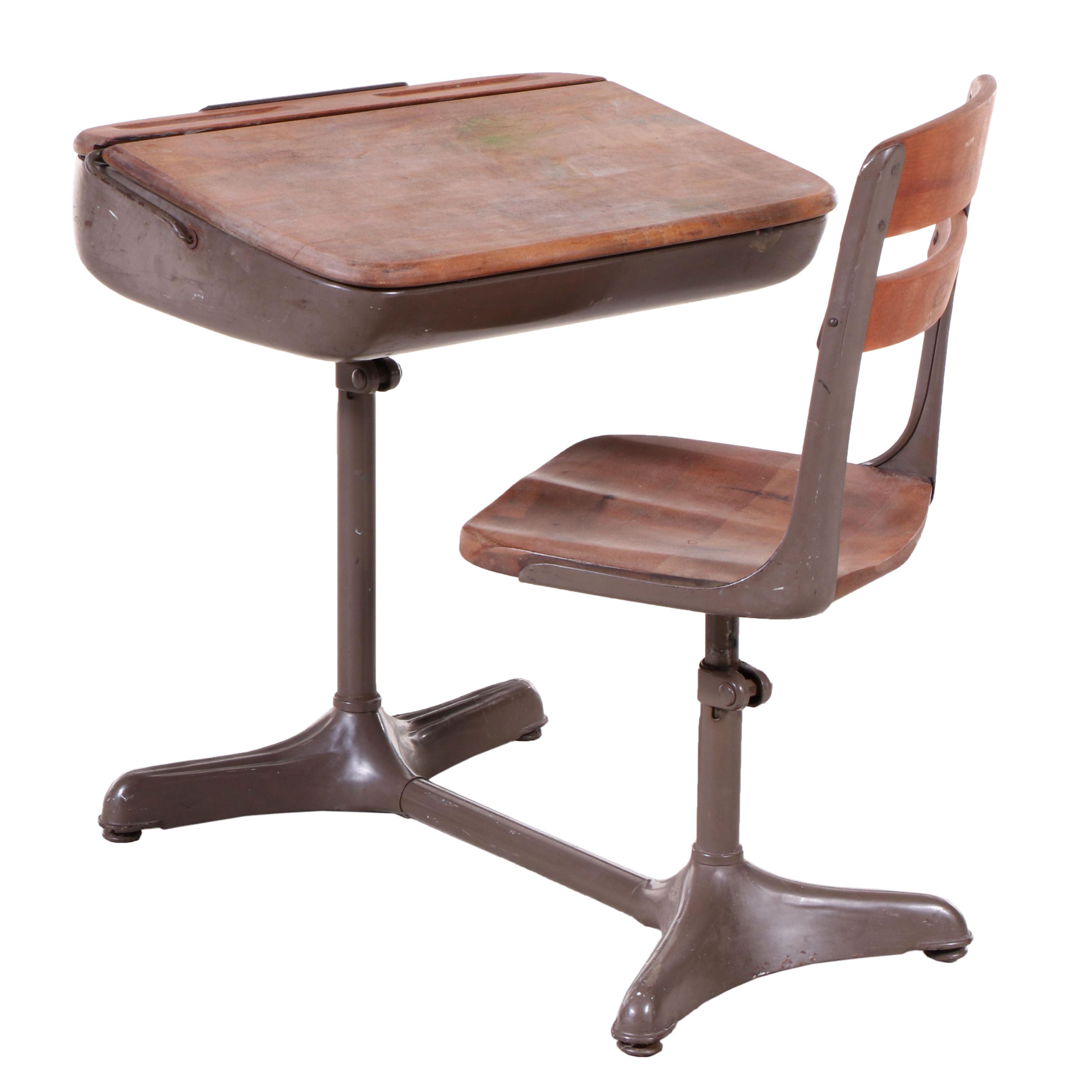 Steel and Maple Student School Desk, Mid-20th Century