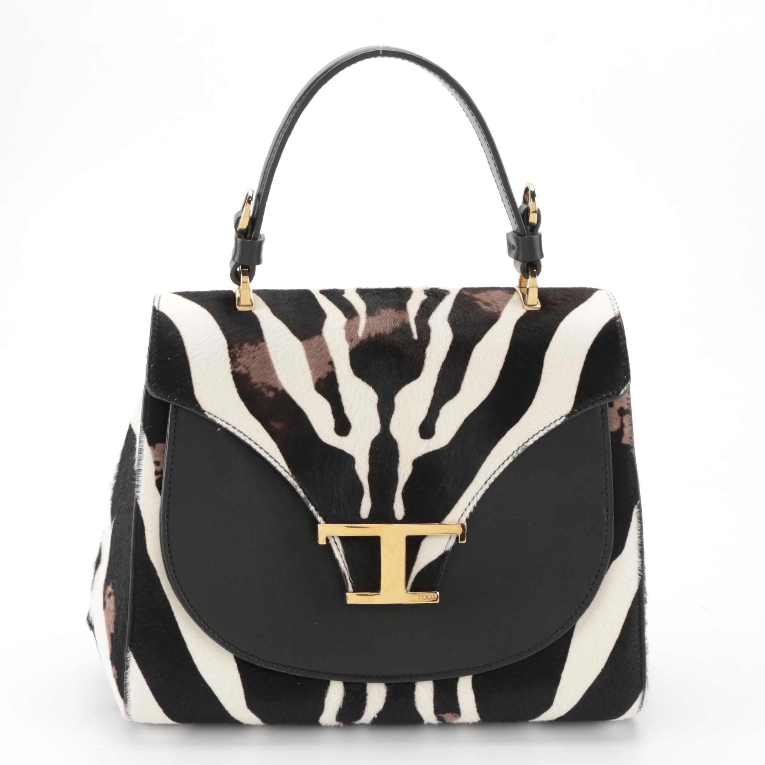 Tod's T Timeless Flap Front Top Handle Bag in Printed Calf Hair and Leather