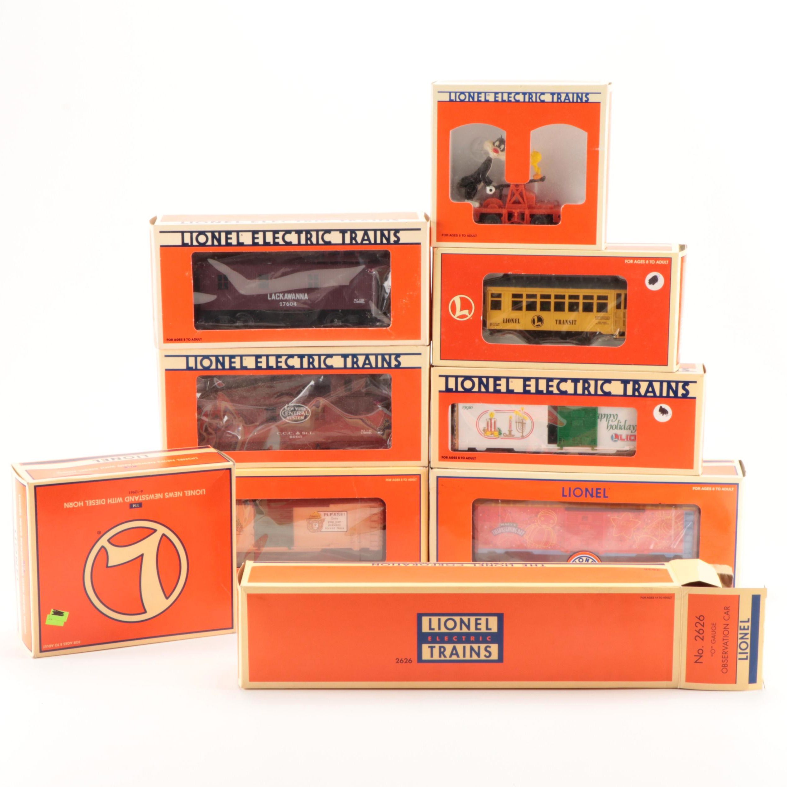 Lionel Electric O Gauge Box Cars, Trolleys, Cabooses, and Accessories
