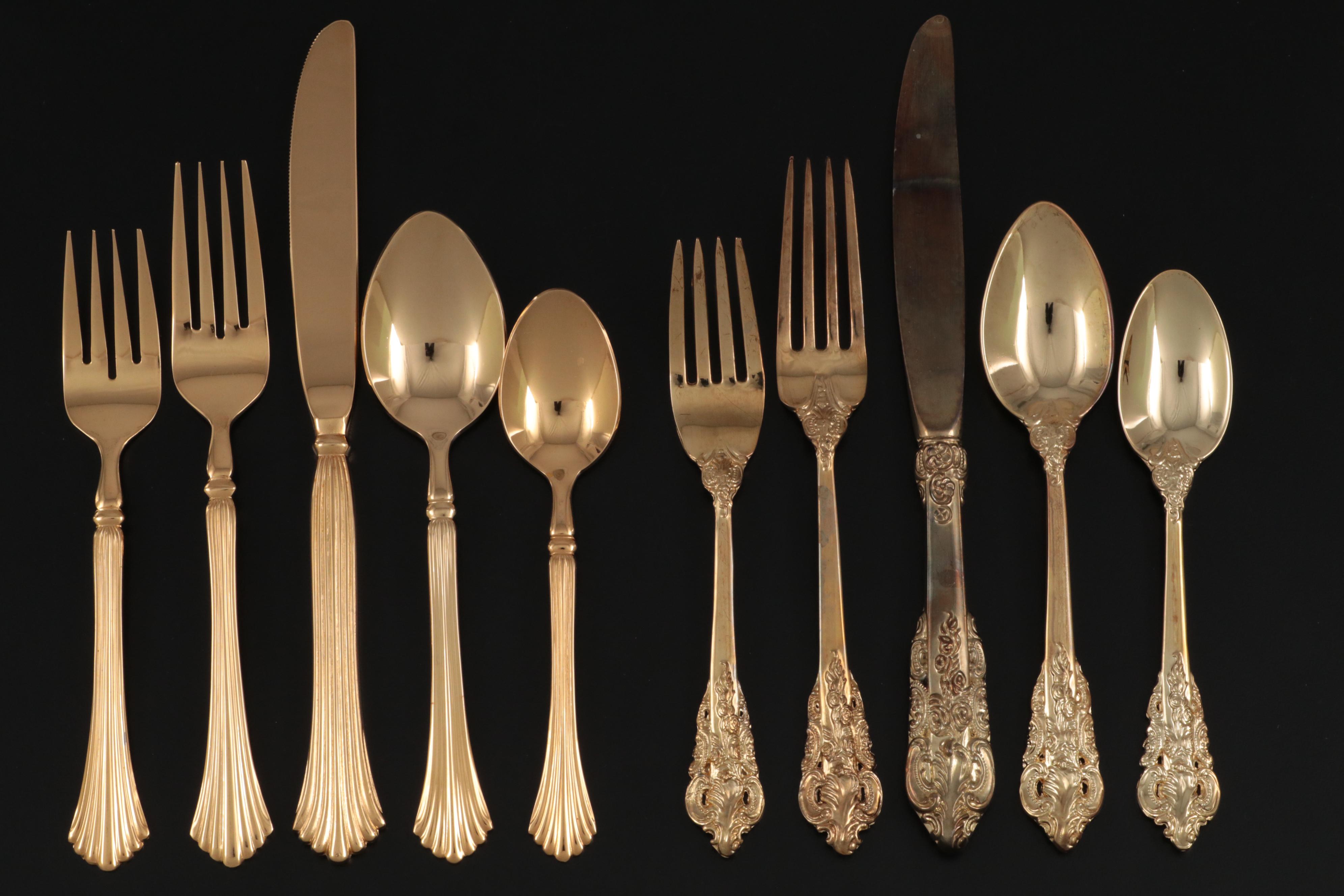 Godinger "Baroque" Gold Plate Flatware with Other Gold Plate Flatware and Case